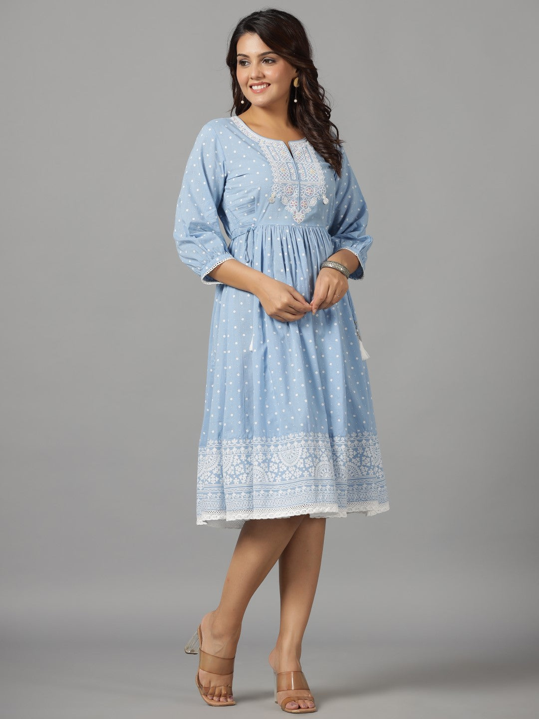 Juniper Women's Sky Blue Ethnic Motif Printed Pure Cotton Dress With Beads & Sequins Work