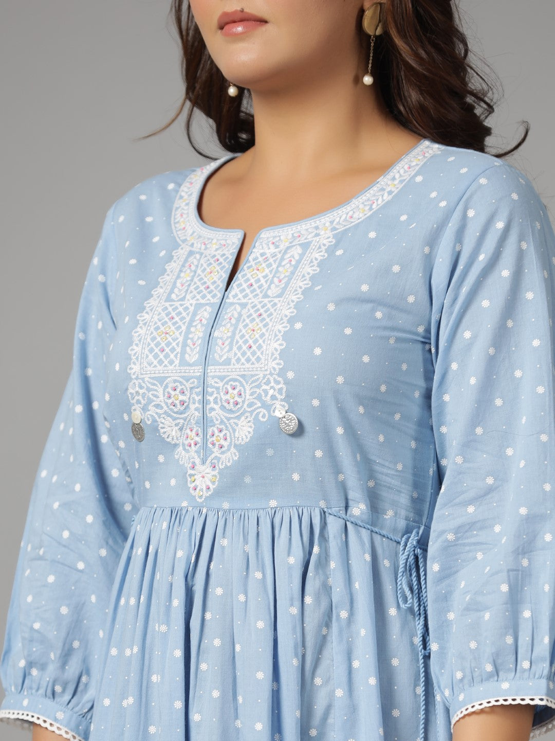 Juniper Women's Sky Blue Ethnic Motif Printed Pure Cotton Dress With Beads & Sequins Work