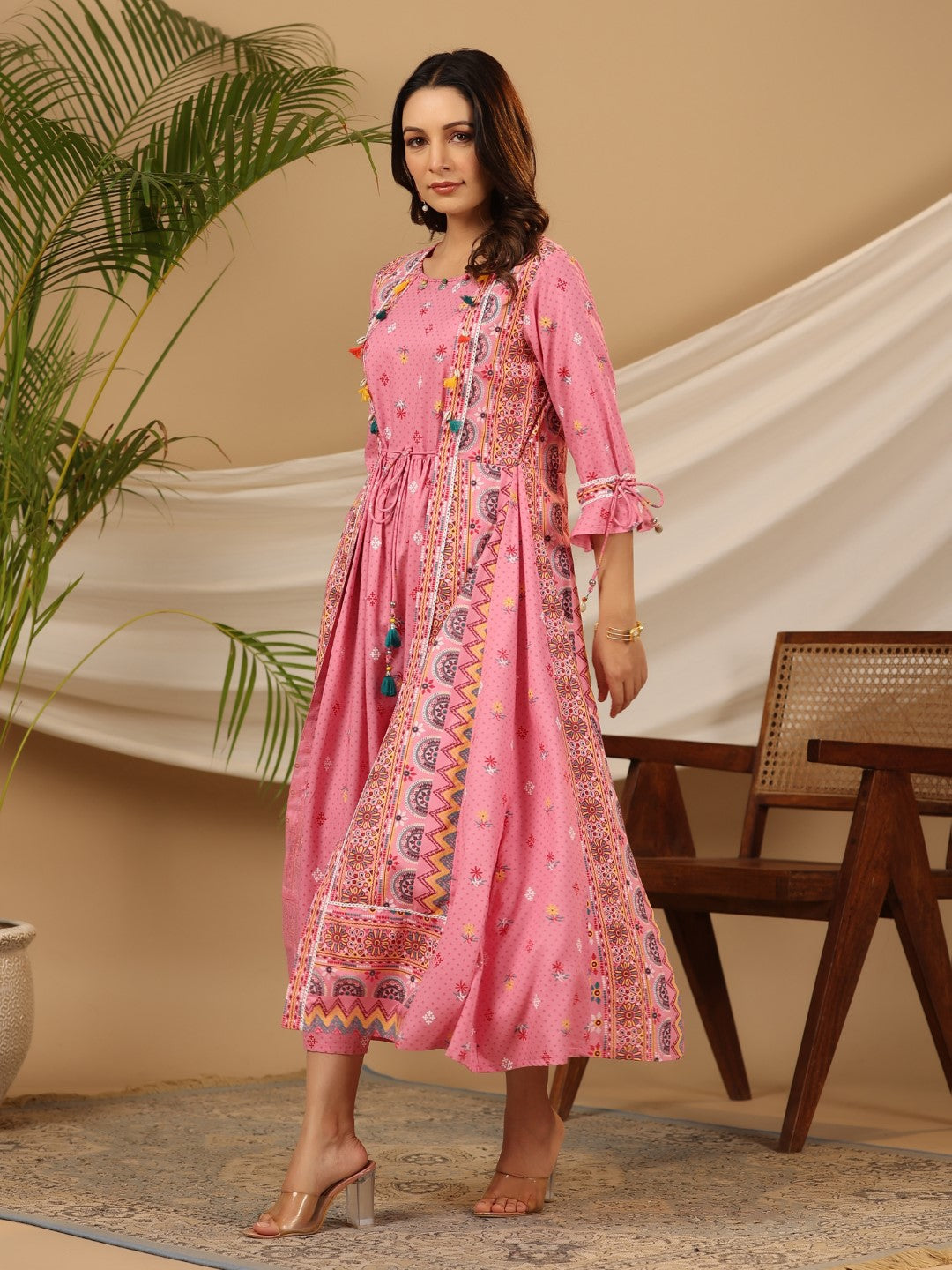 Juniper Women Pink Rayon Printed Flared Jacket Style Maxi Dress