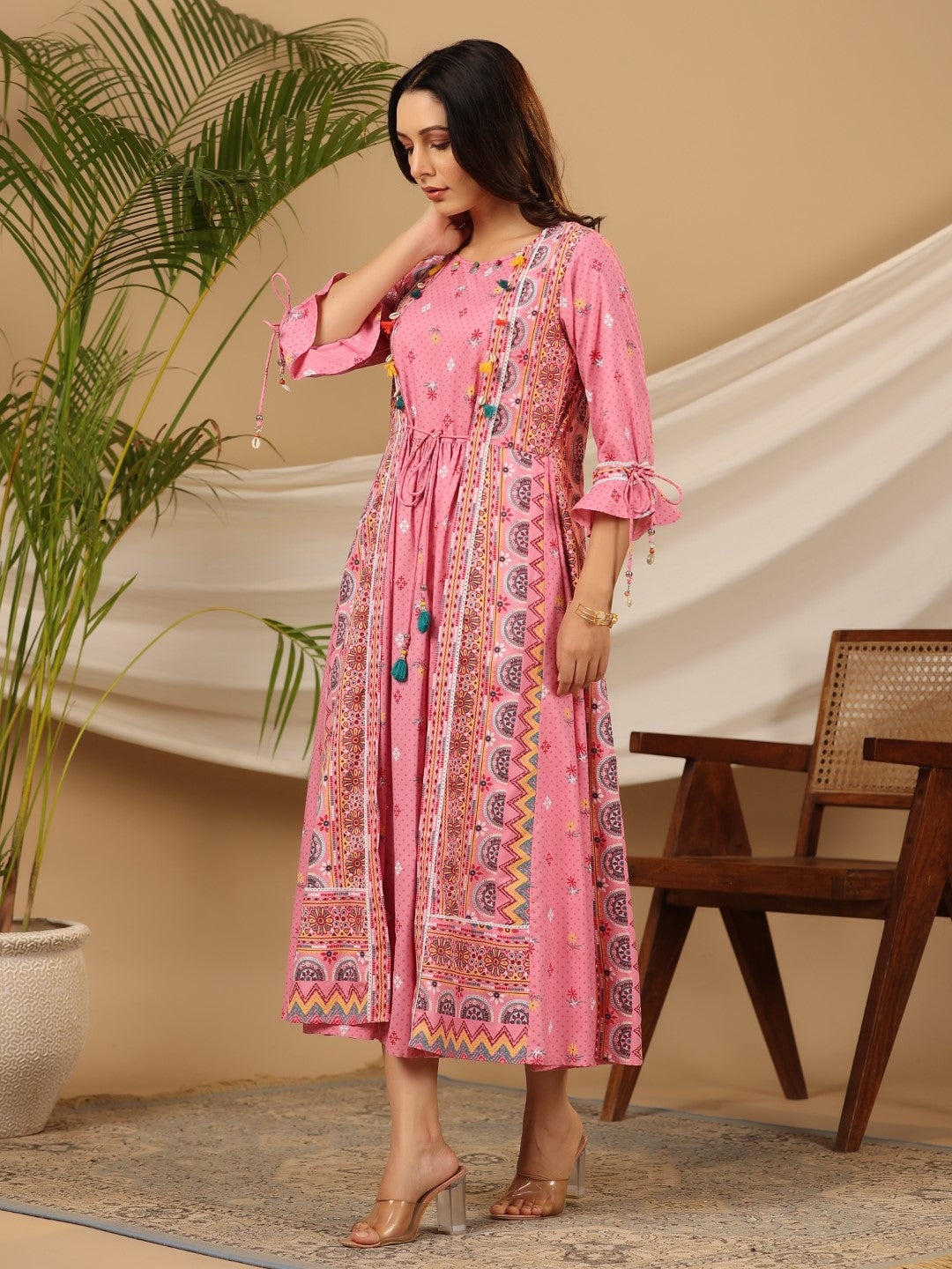 Juniper Women Pink Rayon Printed Flared Jacket Style Maxi Dress