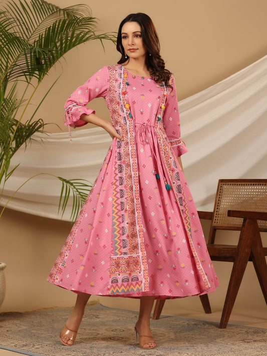 Juniper Women Pink Rayon Printed Flared Jacket Style Maxi Dress