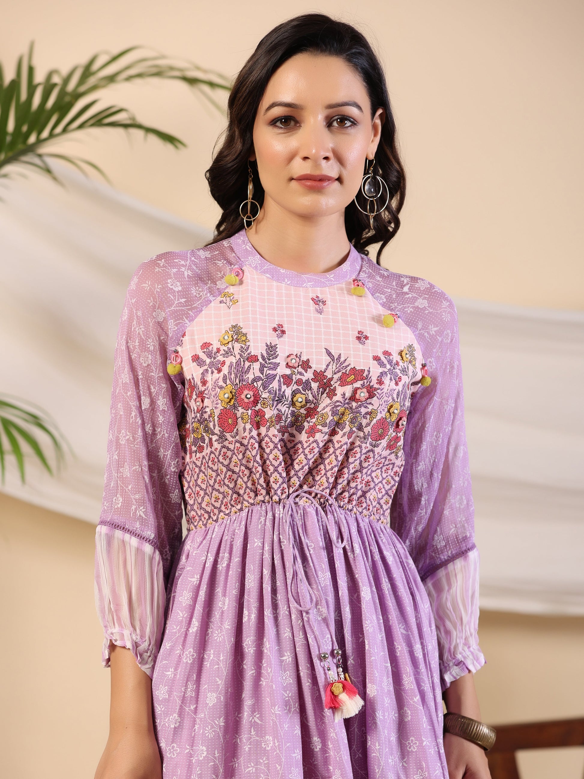 Juniper Purple Wonderland Cotton & Chiffon Floral Printed Tiered Maxi Dress With Lace & 3D Handwork