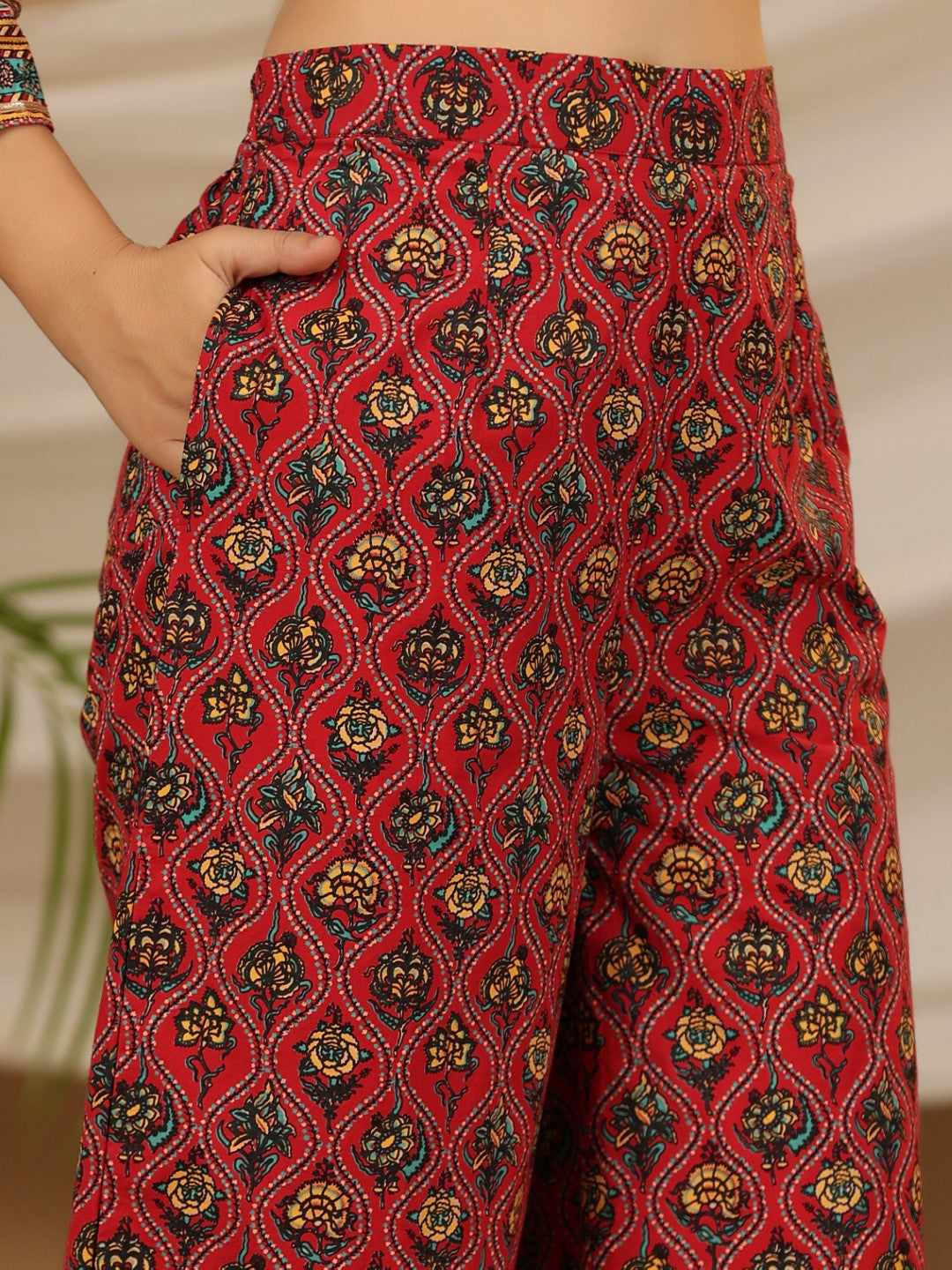 Juniper Red Madhubala Pure Cotton Ethnic Motif Printed Laced Kurta With Palazzo & Dupatta (3-Pcs)