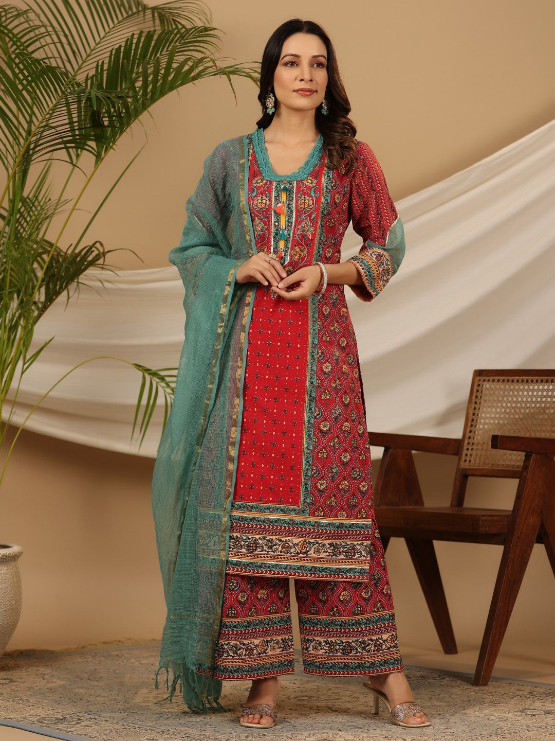 Juniper Red Madhubala Pure Cotton Ethnic Motif Printed Laced Kurta With Palazzo & Dupatta (3-Pcs)