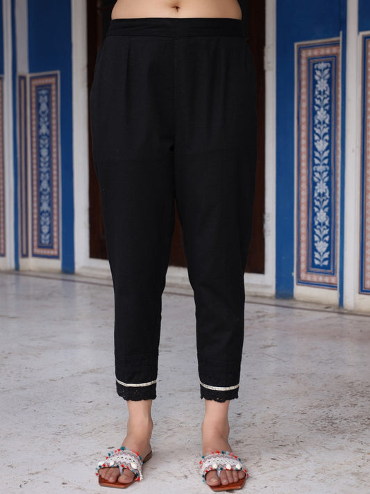 Juniper Black Solid Cotton Women Slim Fit Laced Pants With Single Side Pocket & Drawstring