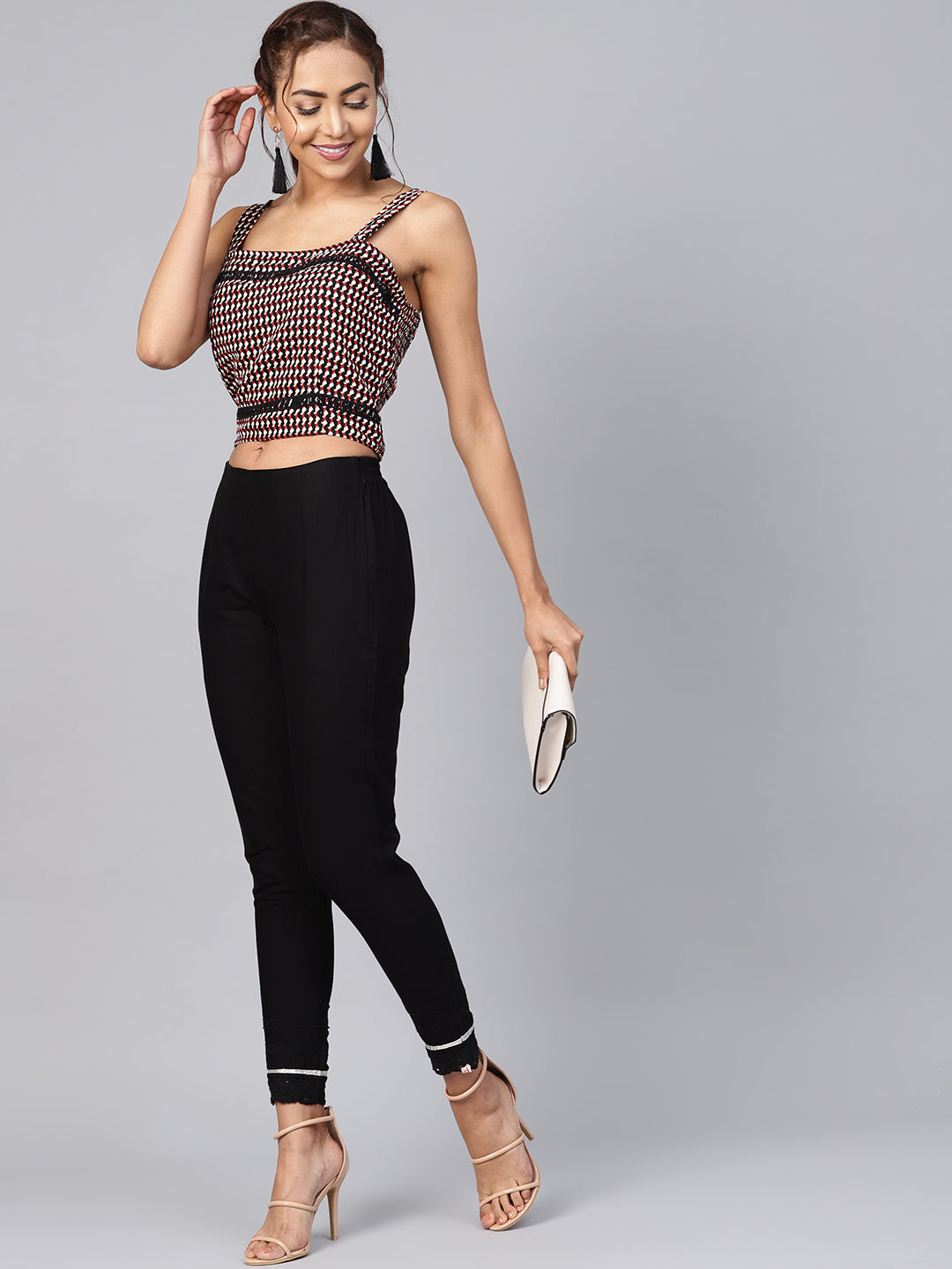 Juniper Black Solid Cotton Women Slim Fit Laced Pants With Single Side Pocket & Drawstring
