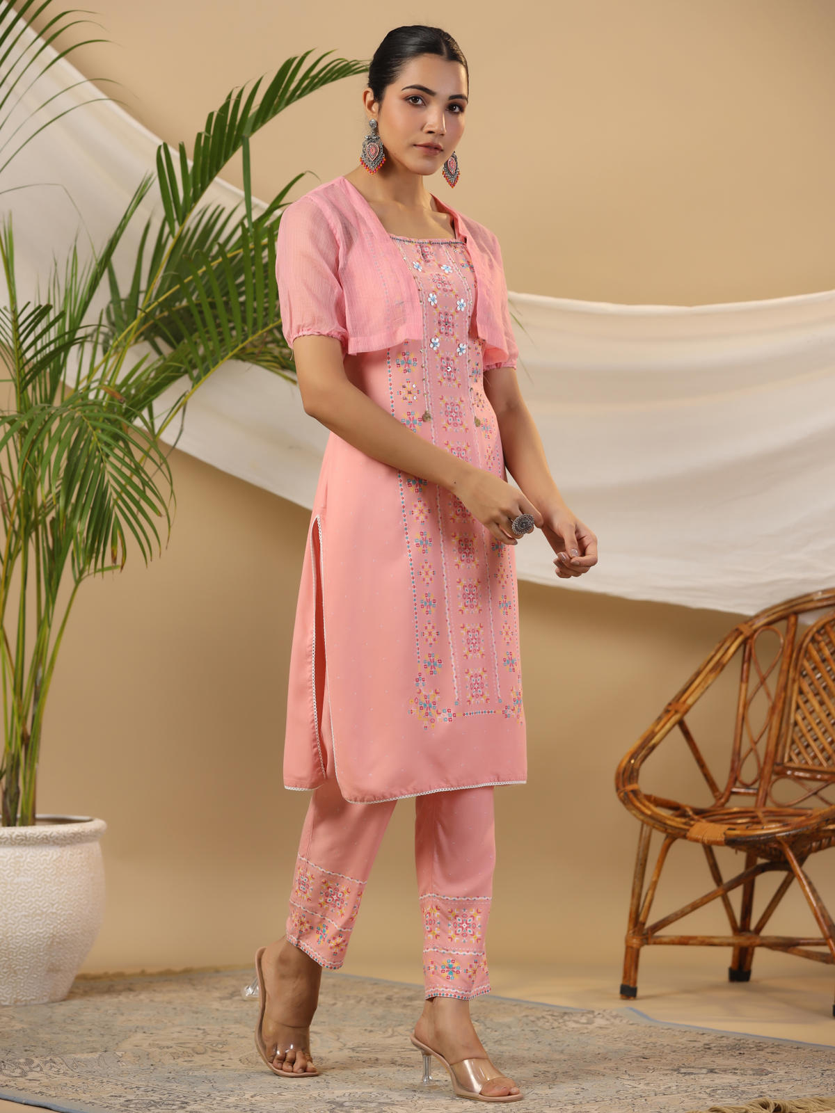 Juniper Women's Peach Geometric Printed Rayon Kurta Pants & Jacket With Sequins Work