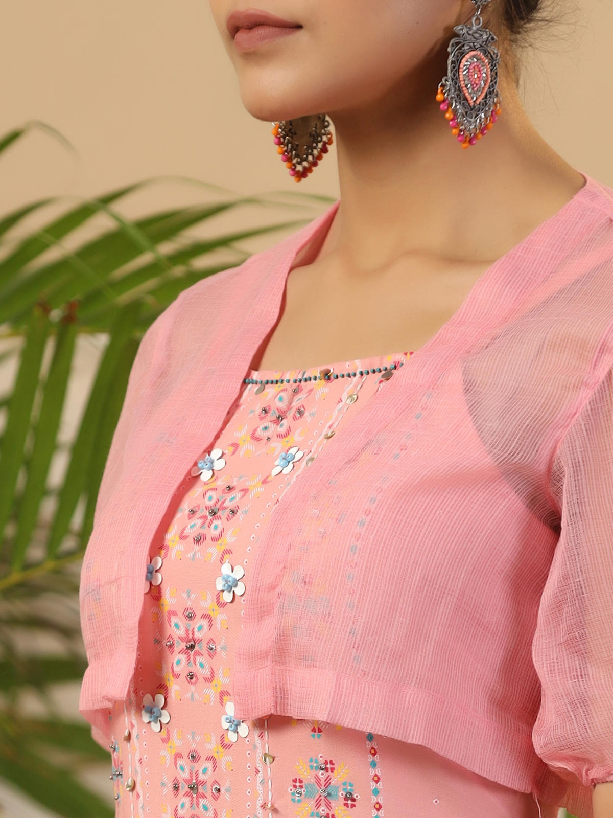 Juniper Women's Peach Geometric Printed Rayon Kurta Pants & Jacket With Sequins Work