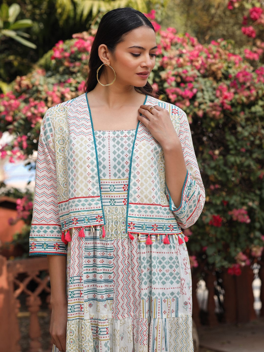 Juniper Women Ivory Cotton Cambric Printed Tiered Maxi Dress with Shrug