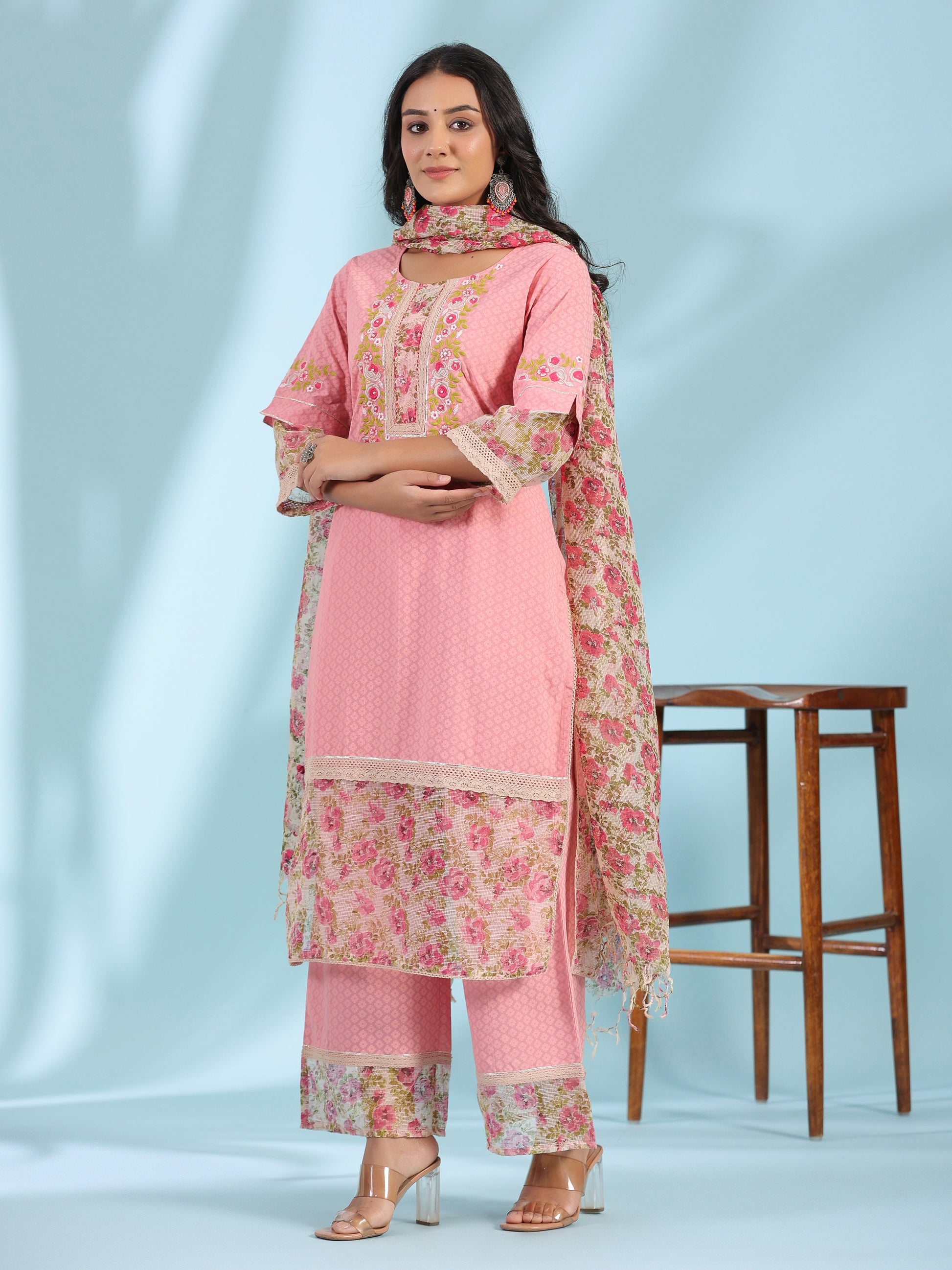 Juniper Pink Floral Printed & Laced Pure Cotton Kurta Palazzo Set With Printed Kota Doria Dupatta (3-Pcs)