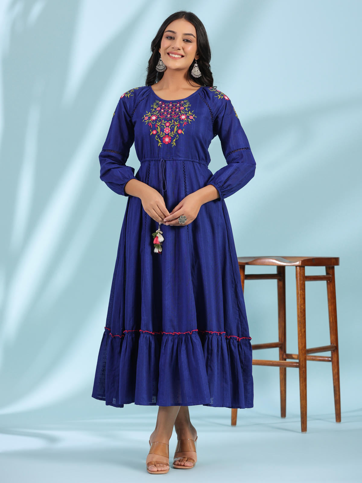 Juniper Women's Indigo Floral Embroidered Cotton Dobby Tiered Maxi Dress With Kaudis & Colourful Tassels