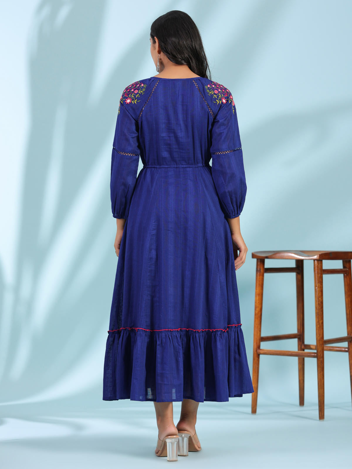 Juniper Women's Indigo Floral Embroidered Cotton Dobby Tiered Maxi Dress With Kaudis & Colourful Tassels