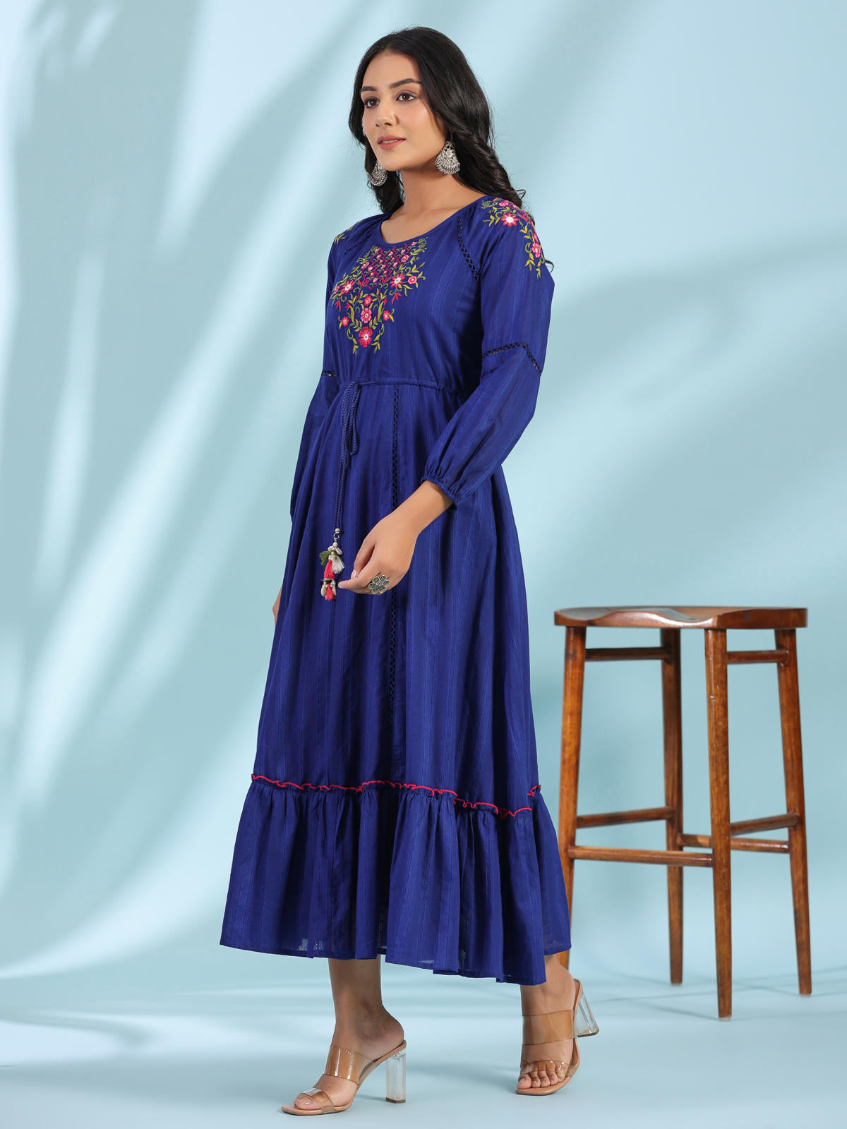 Juniper Women's Indigo Floral Embroidered Cotton Dobby Tiered Maxi Dress With Kaudis & Colourful Tassels