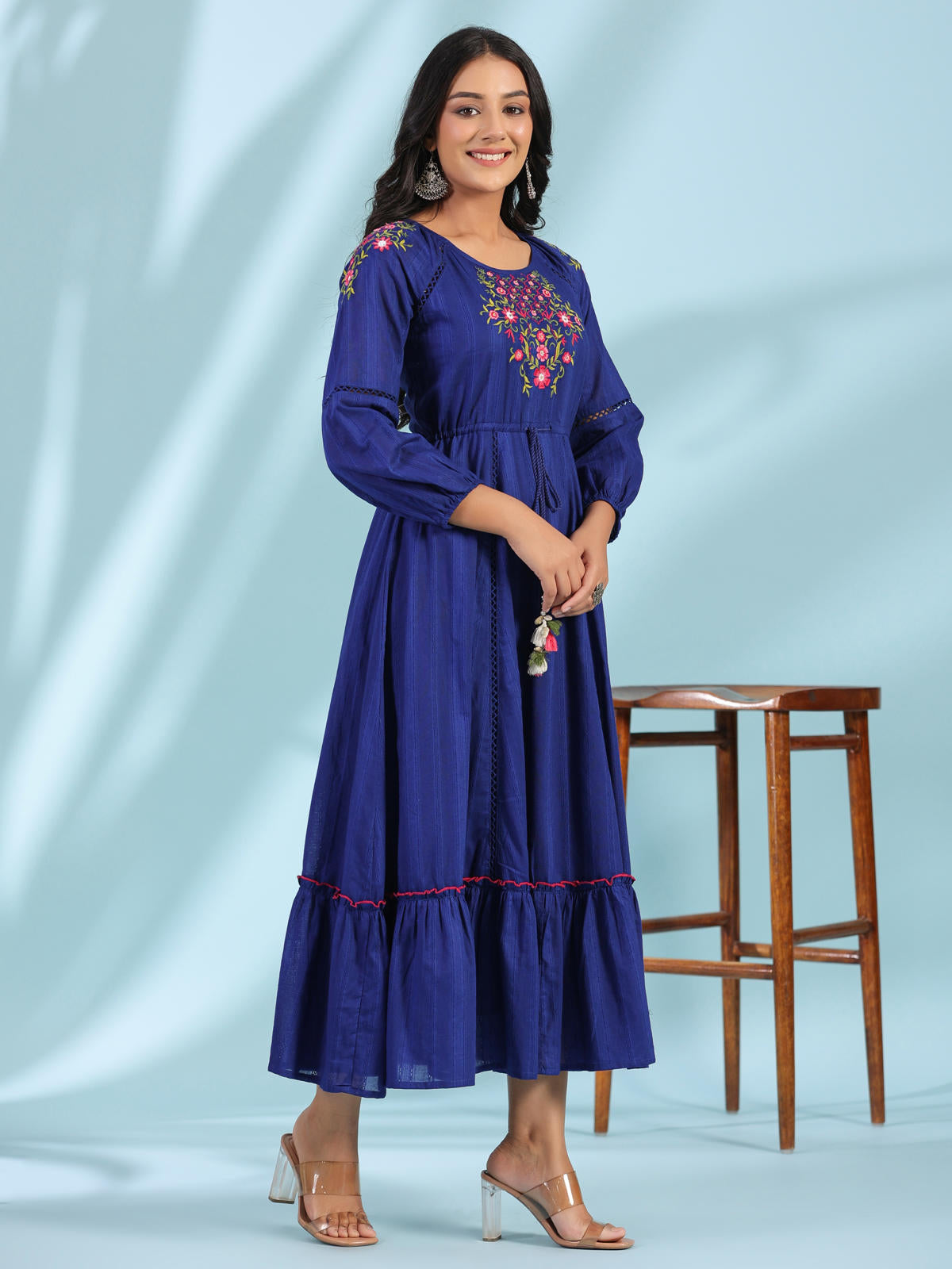 Juniper Women's Indigo Floral Embroidered Cotton Dobby Tiered Maxi Dress With Kaudis & Colourful Tassels