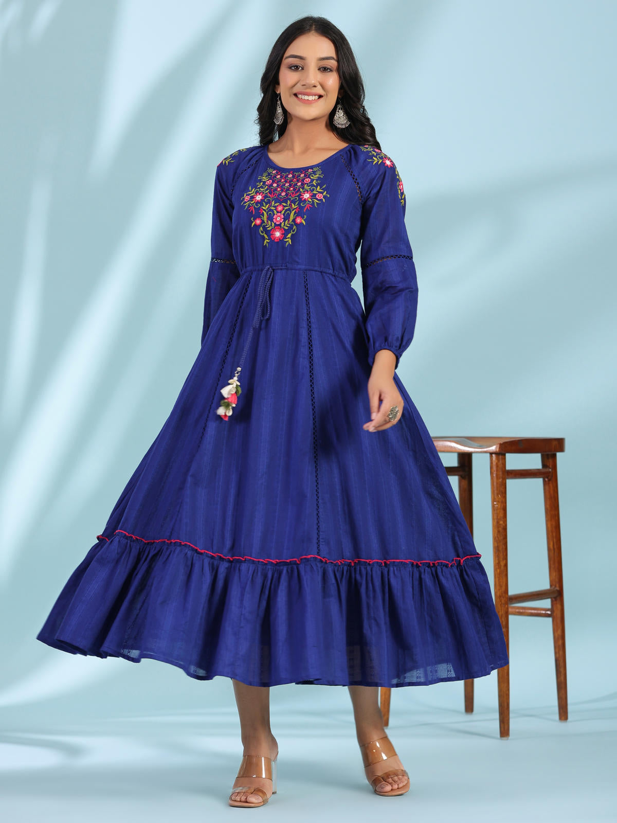 Juniper Women's Indigo Floral Embroidered Cotton Dobby Tiered Maxi Dress With Kaudis & Colourful Tassels