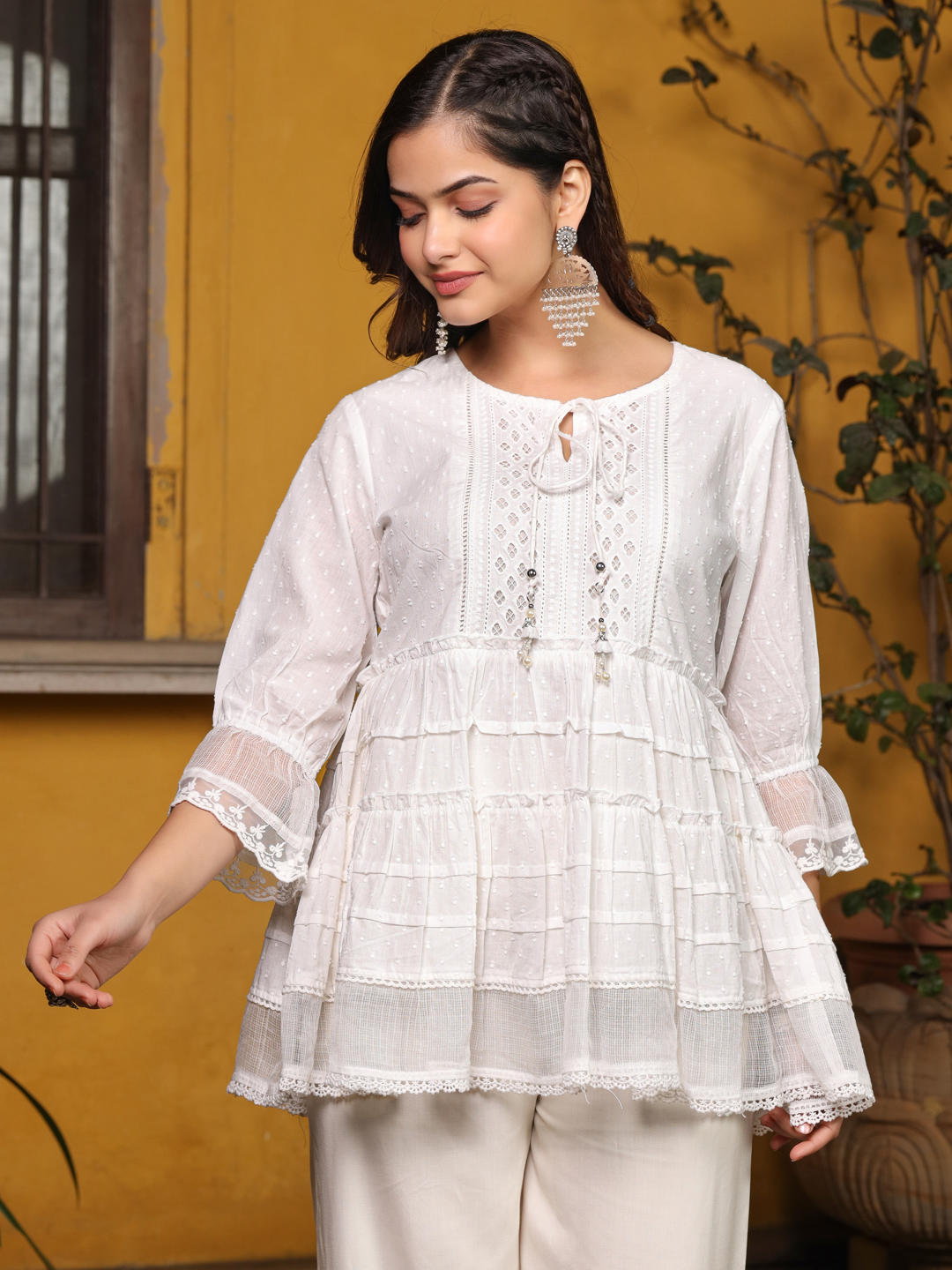 Juniper White Solid Peplum Lacy Keyhole Neckline Tunic With Lining