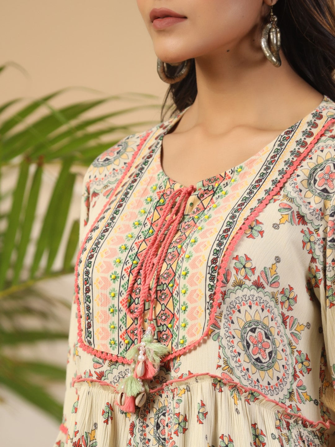 Juniper Women's Green Ethnic Motif Printed Rayon Crepe Tunic With Beads Work