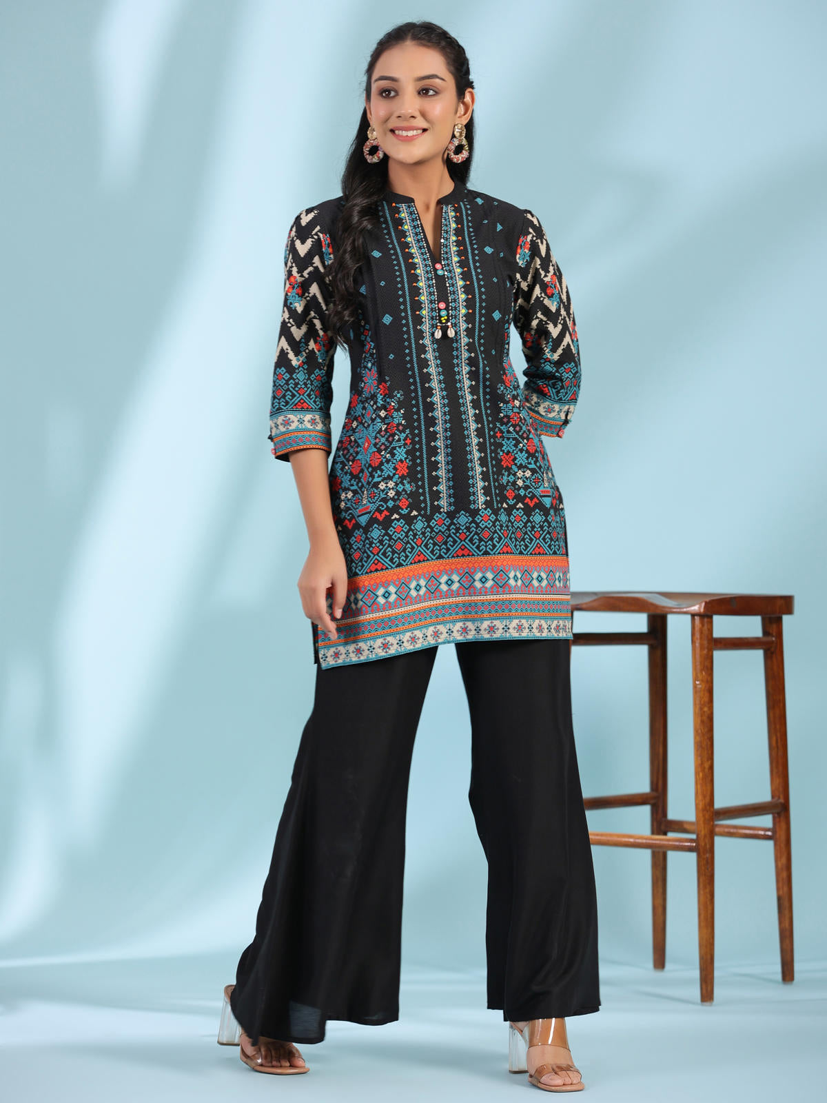 Juniper Women's Black Pure Cotton Geometric Printed & Pleated Kurta With Beads & Sequins