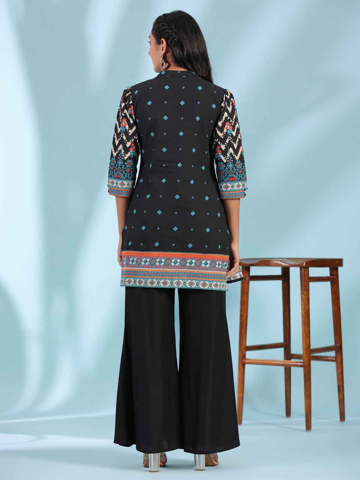Juniper Women's Black Pure Cotton Geometric Printed & Pleated Kurta With Beads & Sequins