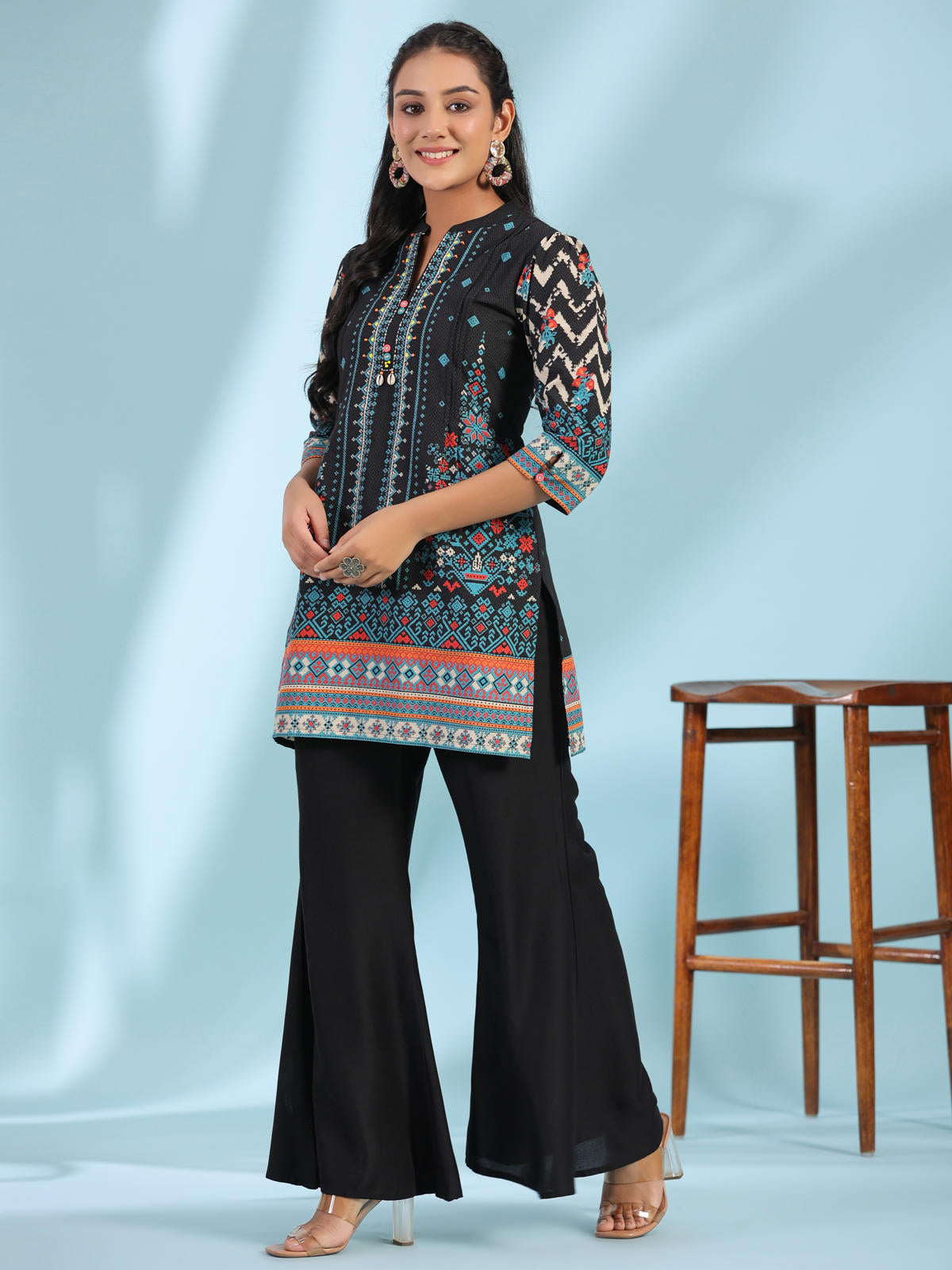 Juniper Women's Black Pure Cotton Geometric Printed & Pleated Kurta With Beads & Sequins