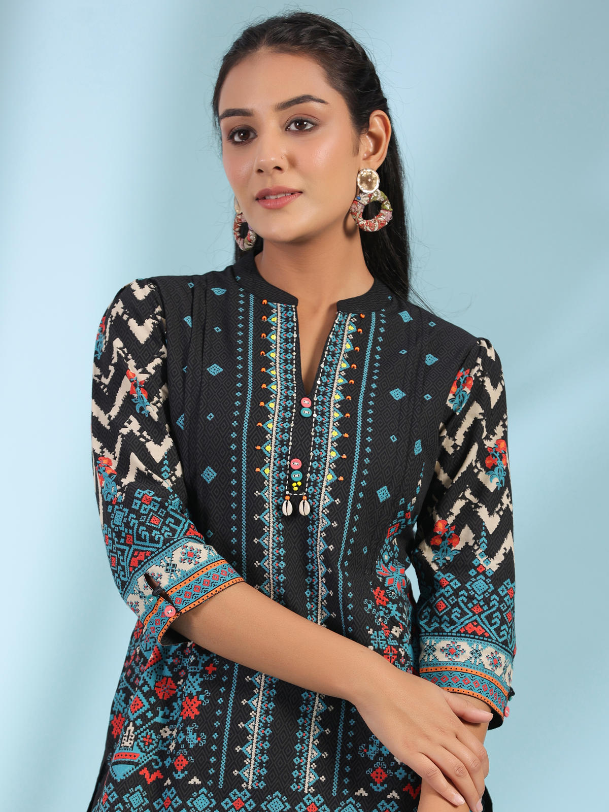 Juniper Women's Black Pure Cotton Geometric Printed & Pleated Kurta With Beads & Sequins