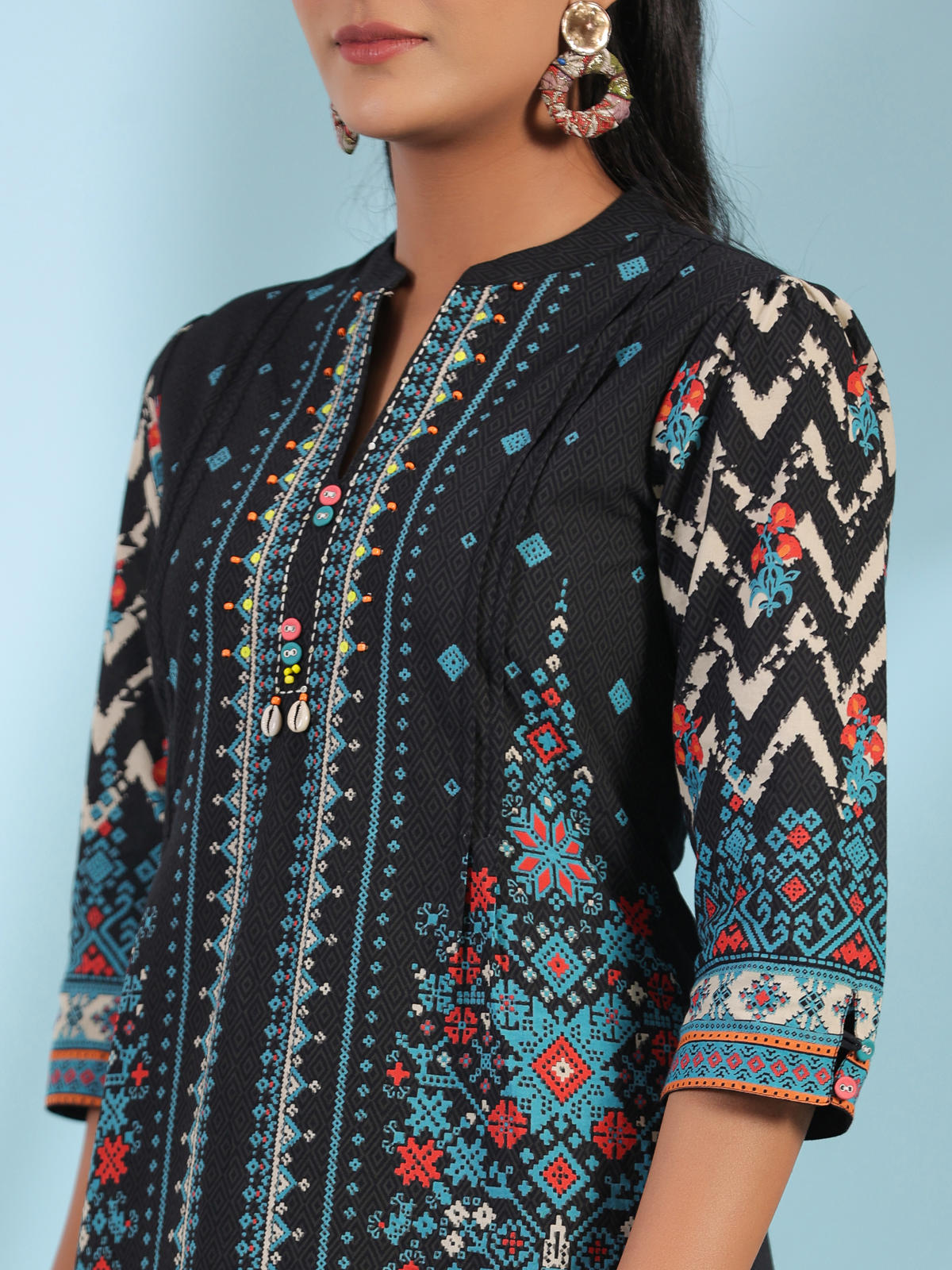 Juniper Women's Black Pure Cotton Geometric Printed & Pleated Kurta With Beads & Sequins