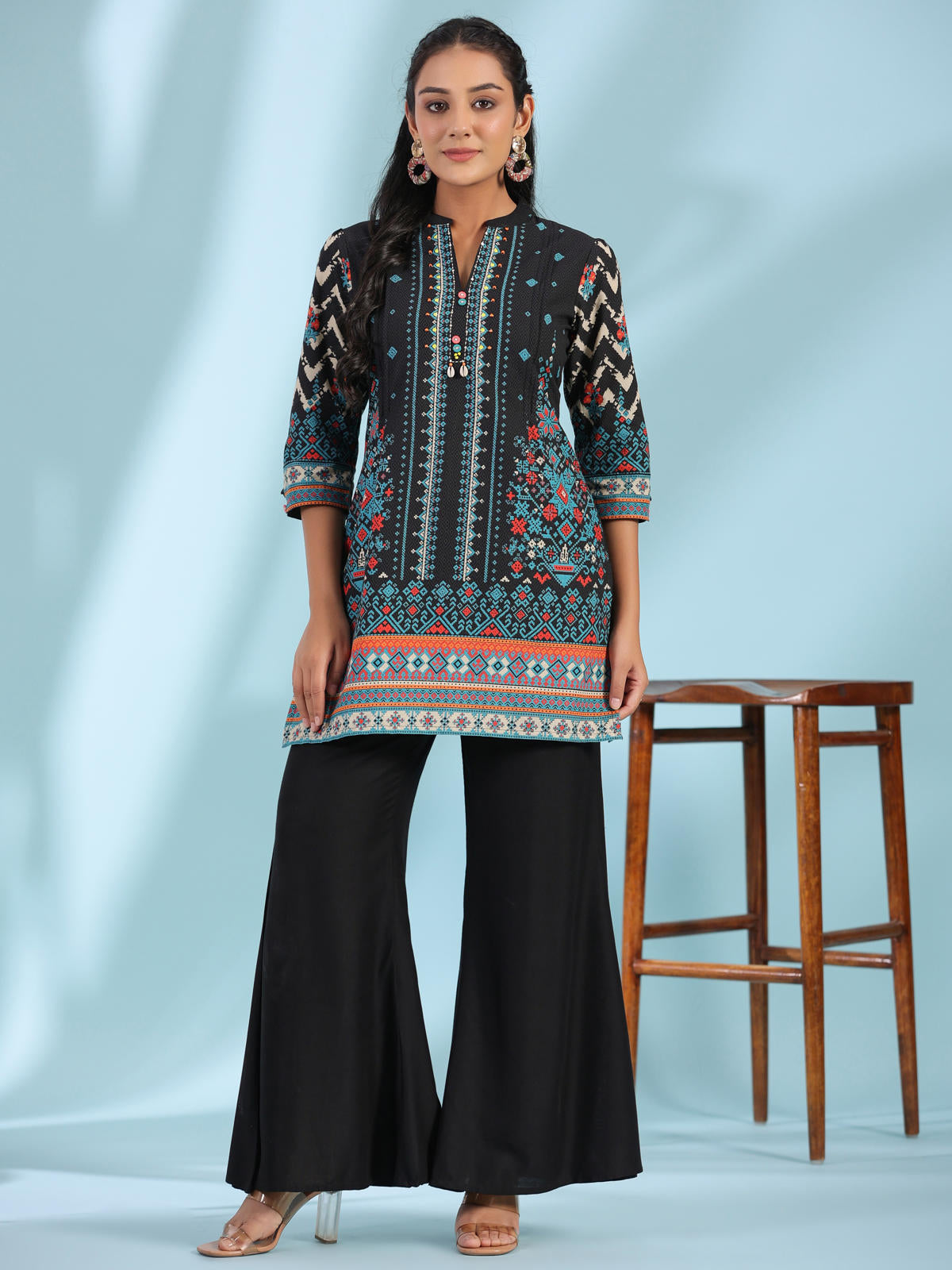 Juniper Women's Black Pure Cotton Geometric Printed & Pleated Kurta With Beads & Sequins