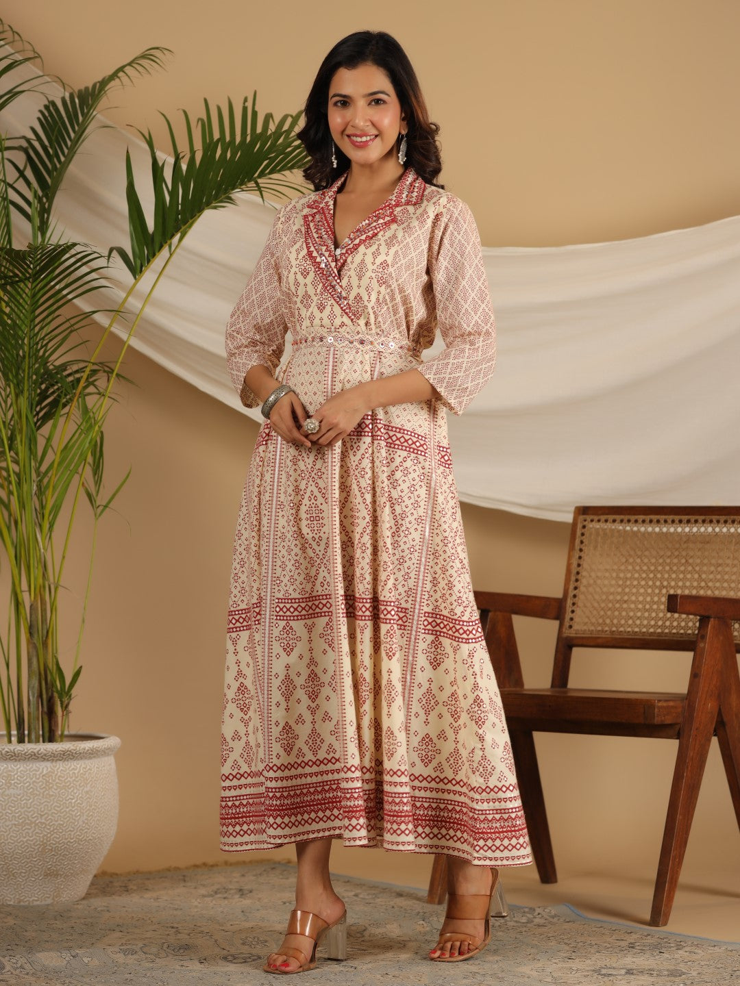 Juniper Ivory Cotton Geometric Printed Fit & Flare Maxi Dress With Contrast Beads & Sequins