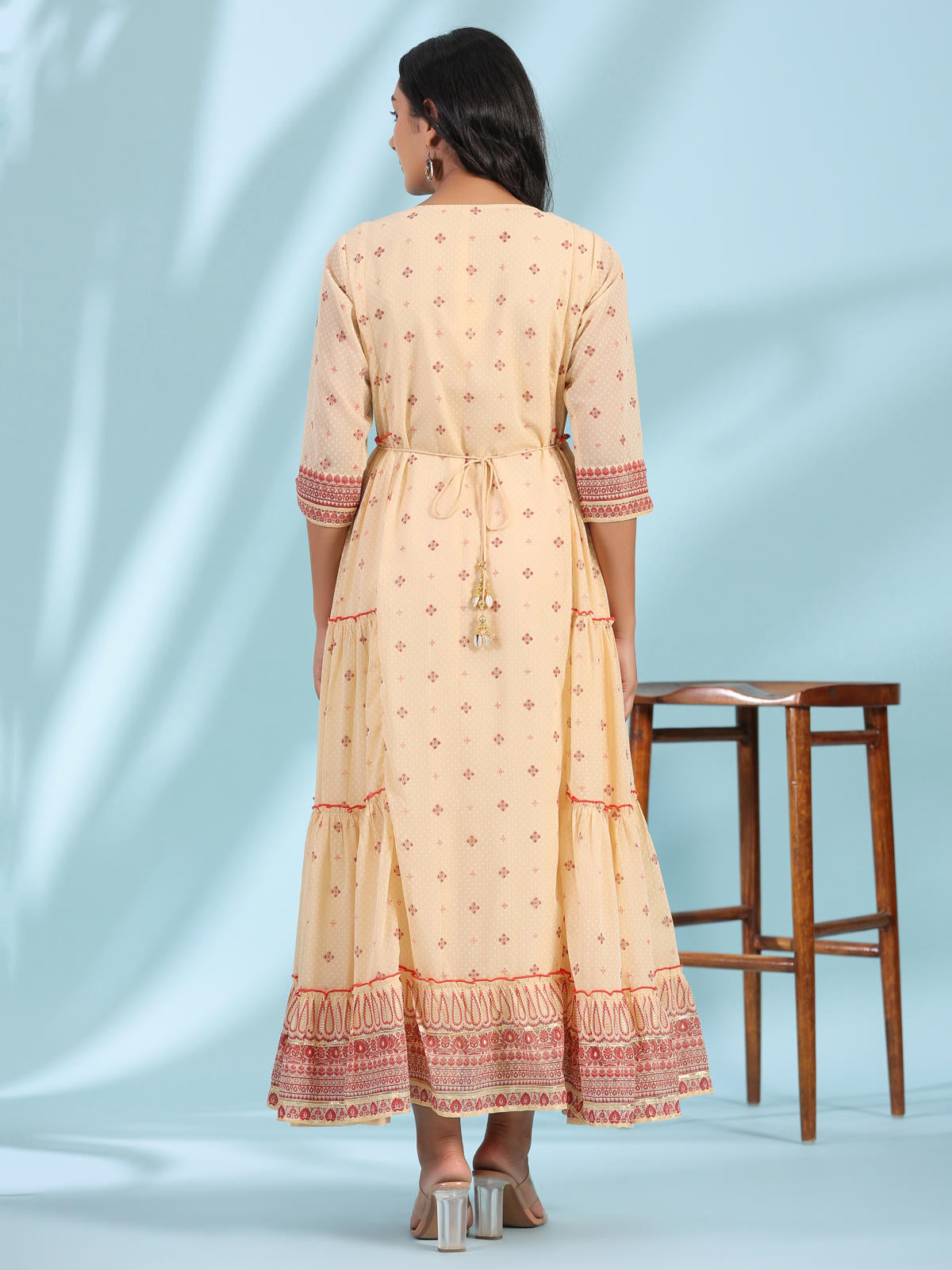 Juniper Women's Festive Ivory Ethnic Motif Printed Tiered Dress With Sequins & Beadwork