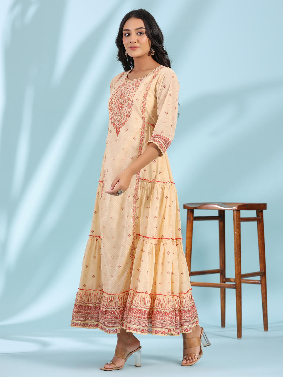Juniper Women's Festive Ivory Ethnic Motif Printed Tiered Dress With Sequins & Beadwork
