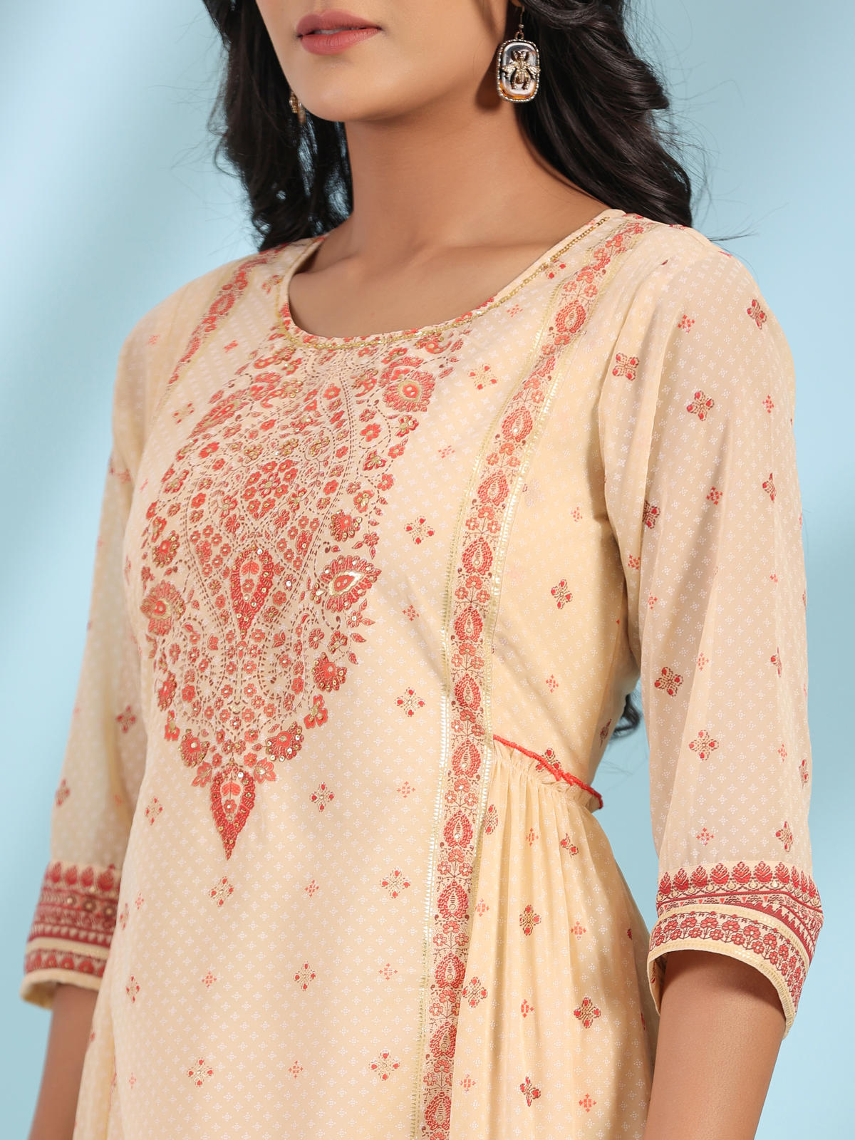 Juniper Women's Festive Ivory Ethnic Motif Printed Tiered Dress With Sequins & Beadwork
