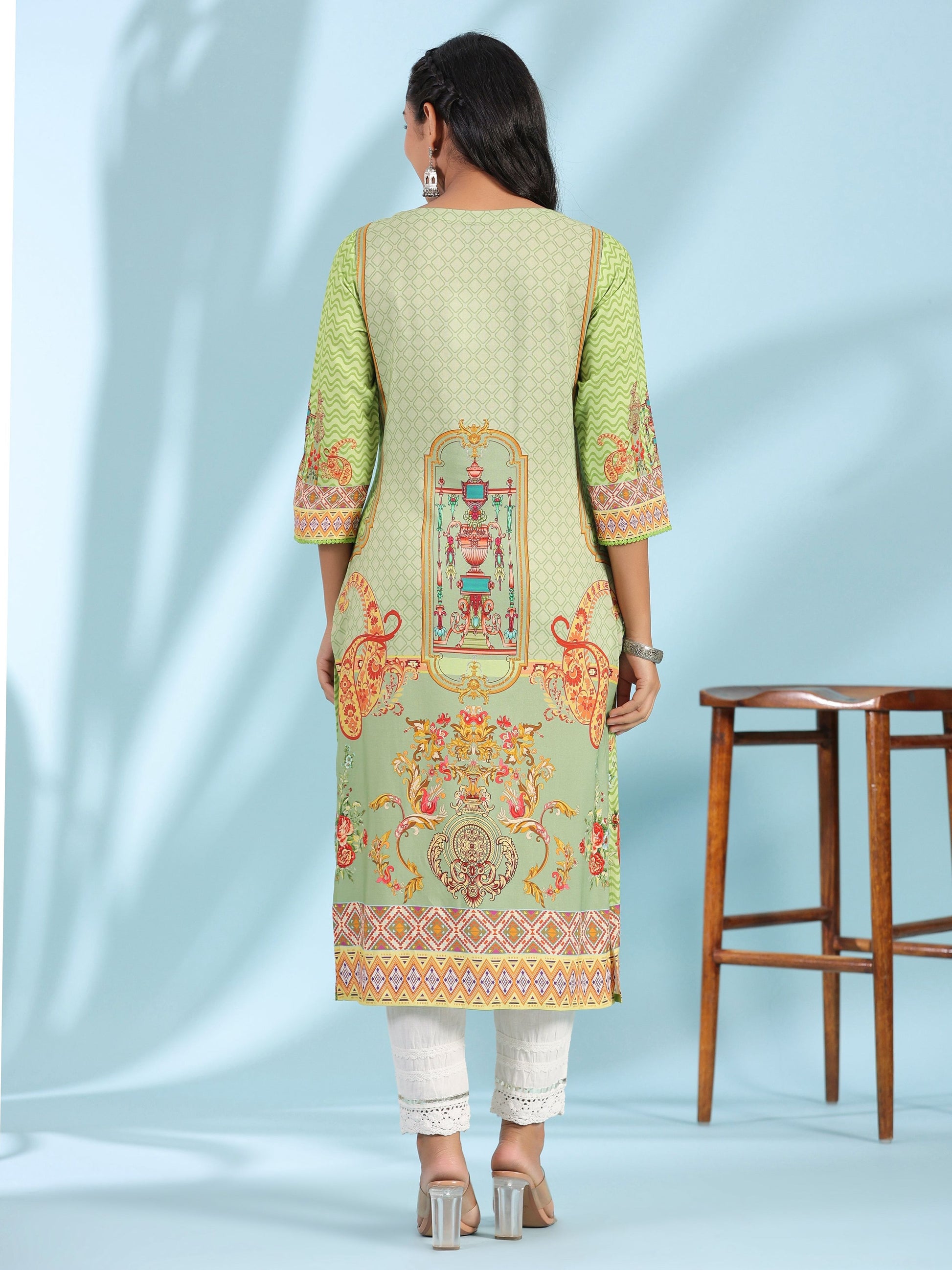 Juniper Green Rayon Floral Printed Round Neck Straight Kurta With Beadwork
