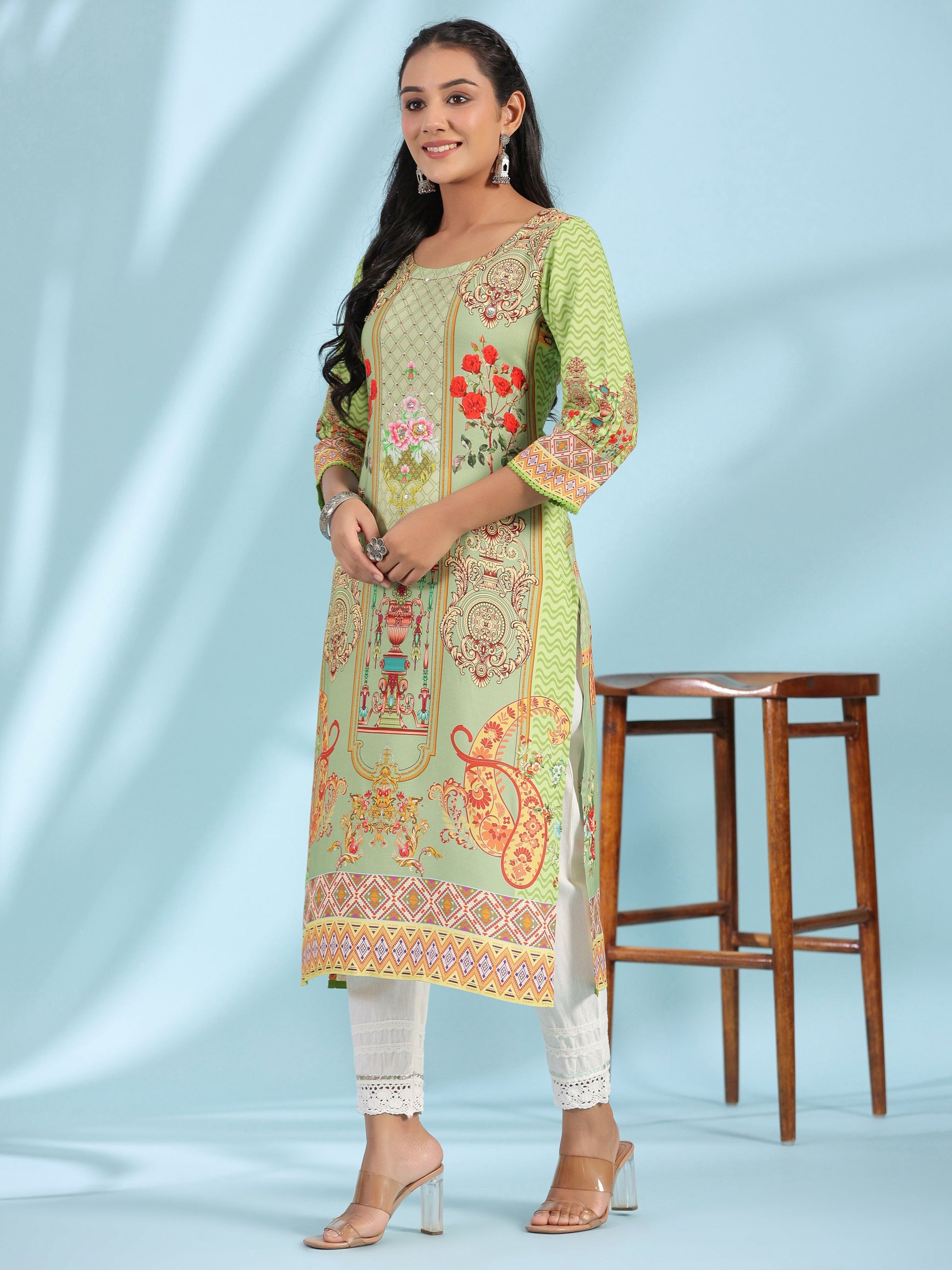 Juniper Green Rayon Floral Printed Round Neck Straight Kurta With Beadwork