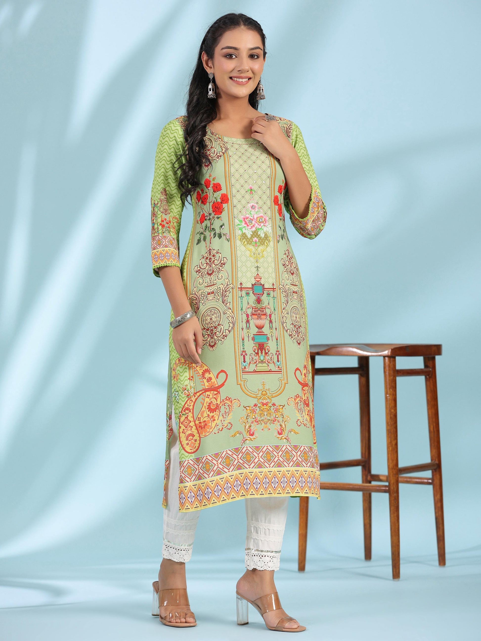 Juniper Green Rayon Floral Printed Round Neck Straight Kurta With Beadwork