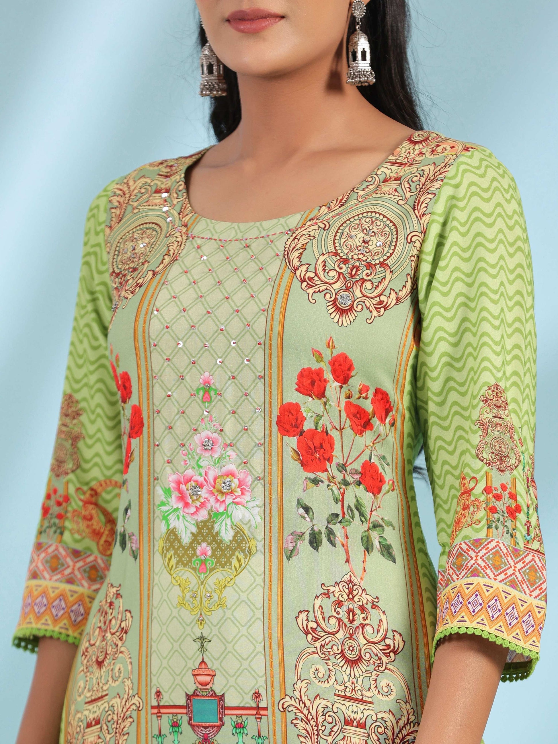 Juniper Green Rayon Floral Printed Round Neck Straight Kurta With Beadwork