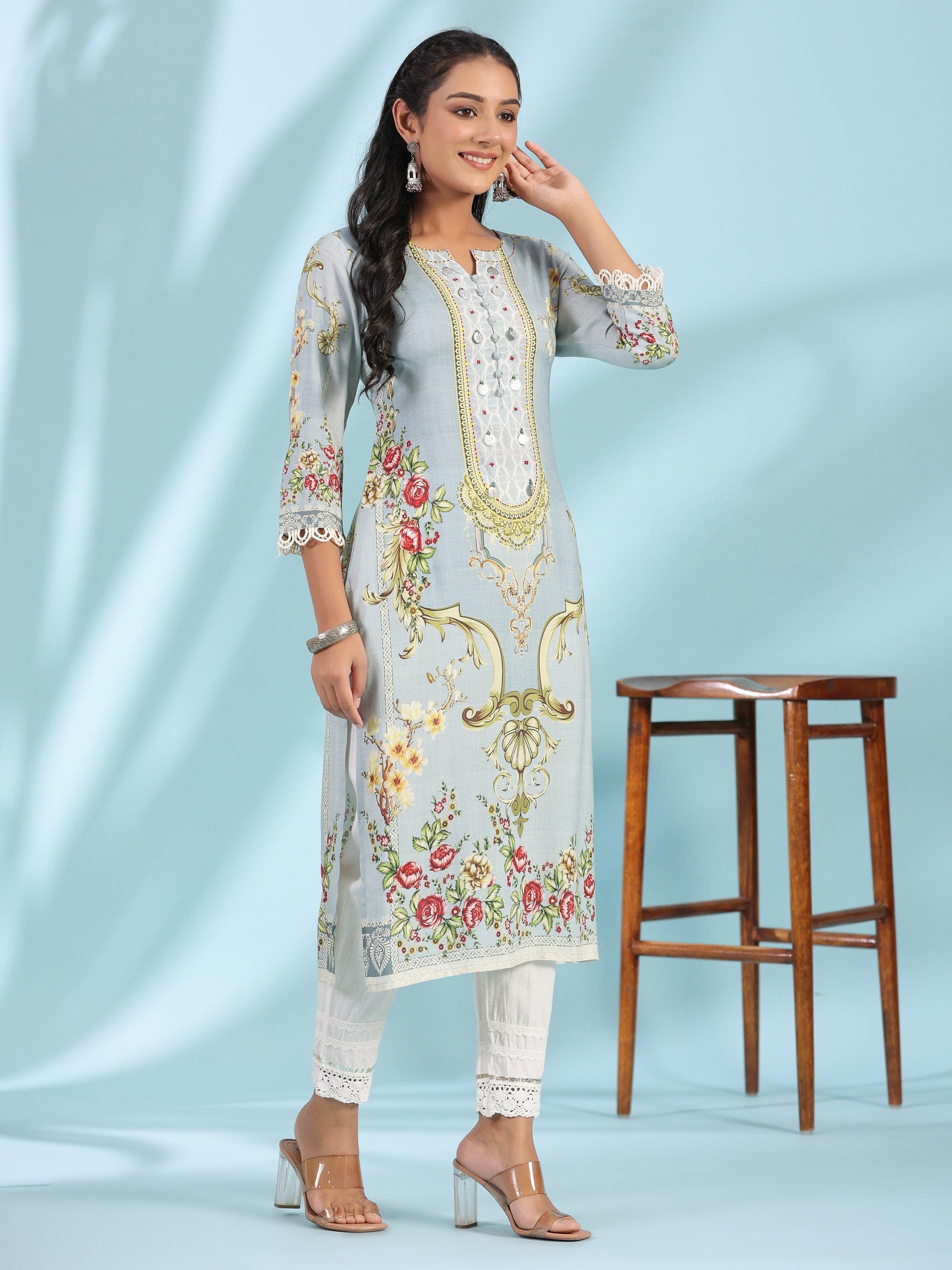 Juniper Grey Rayon Floral Printed Round Neck Kurta With Beadwork 