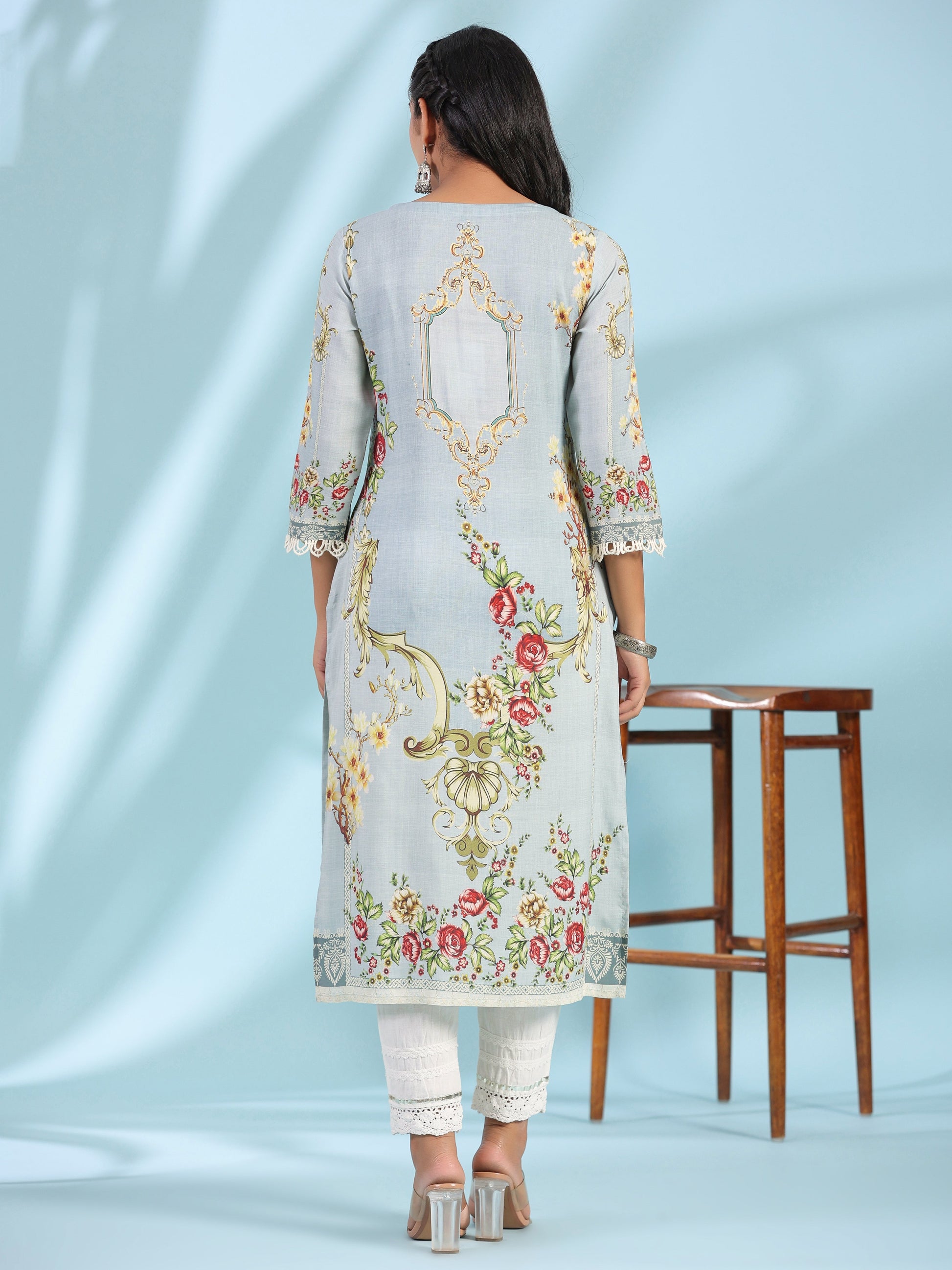 Juniper Grey Rayon Floral Printed Round Neck Kurta With Beadwork 