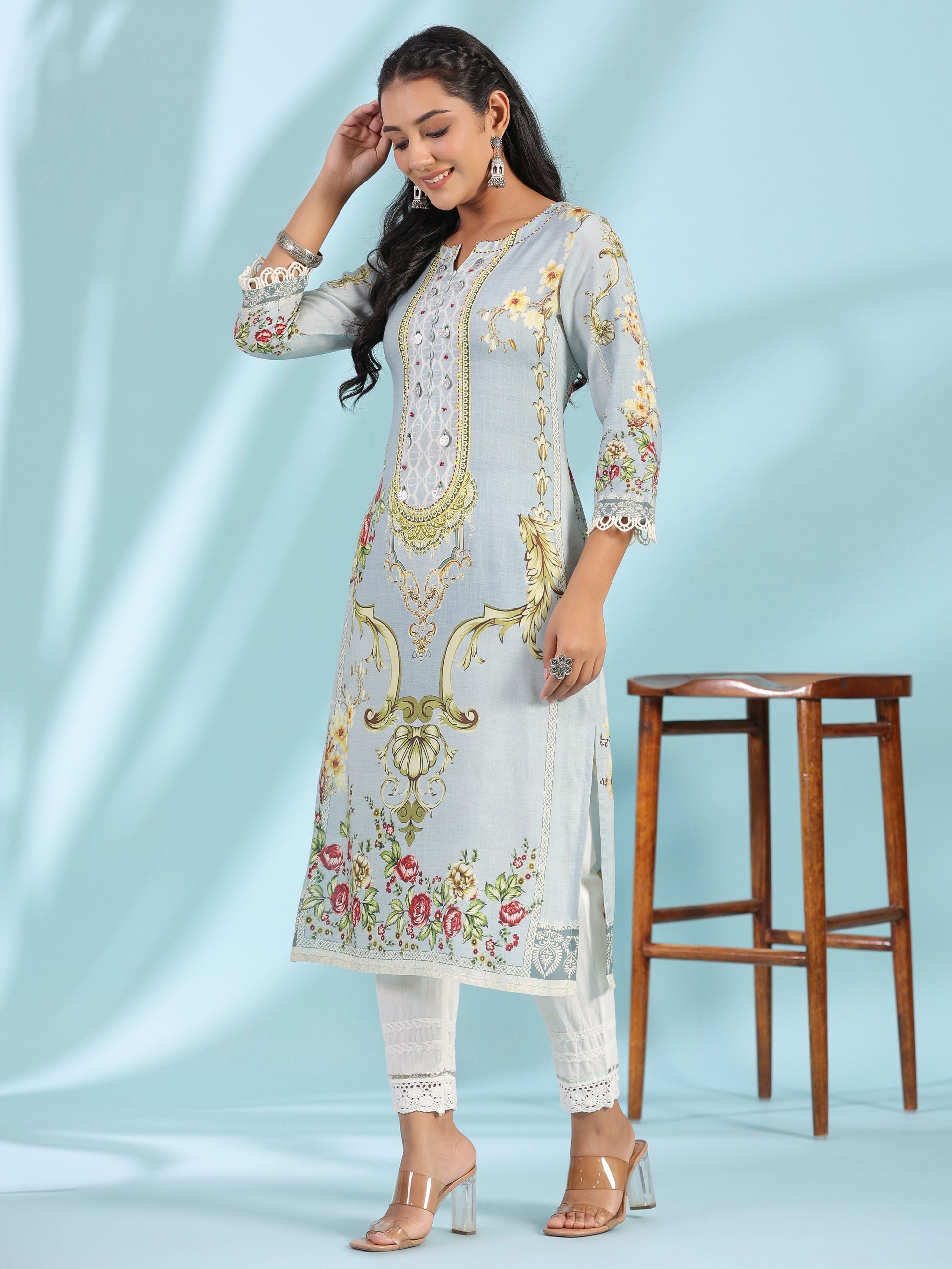 Juniper Grey Rayon Floral Printed Round Neck Kurta With Beadwork 
