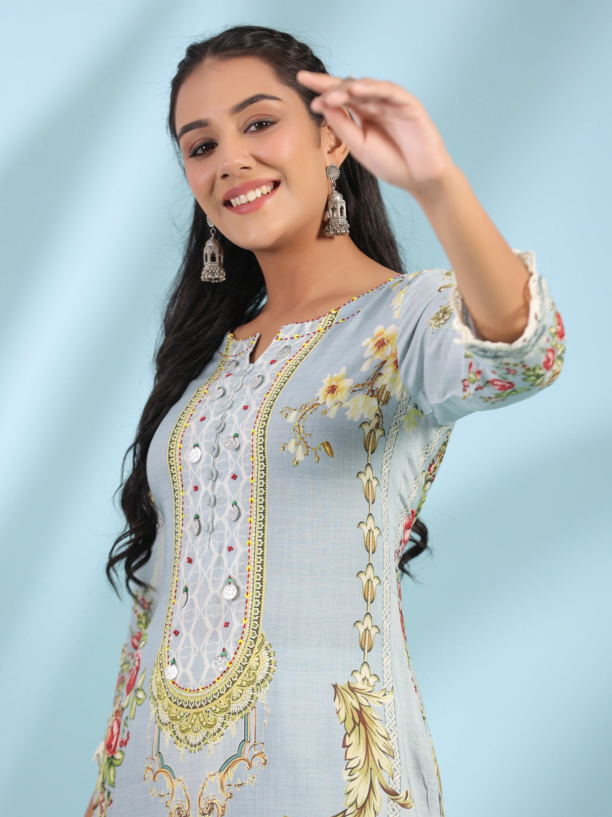 Juniper Grey Rayon Floral Printed Round Neck Kurta With Beadwork 