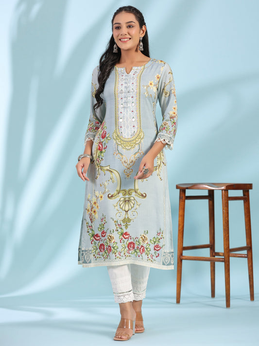 Juniper Grey Rayon Floral Printed Round Neck Kurta With Beadwork 