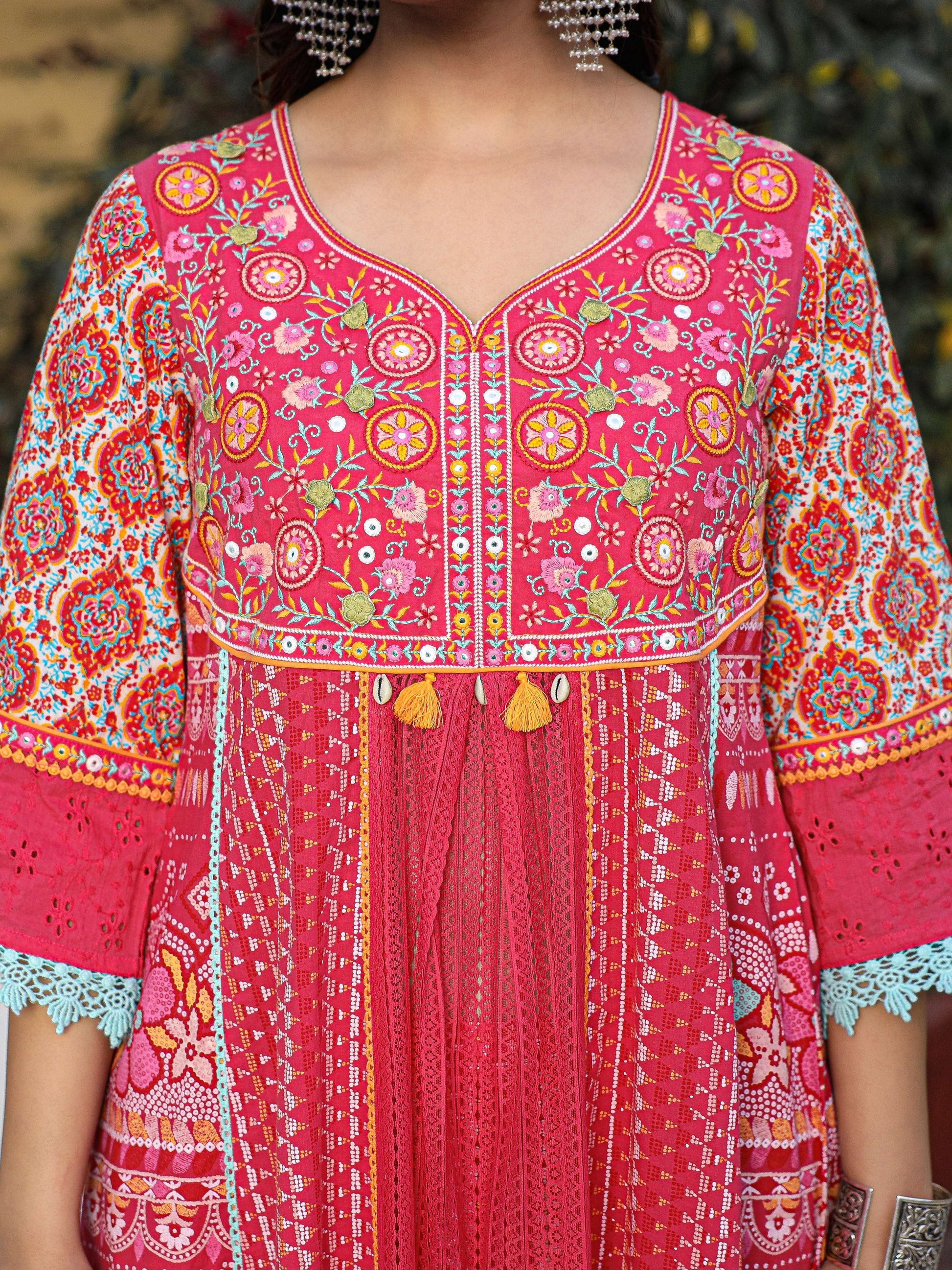 Juniper Sujani Pink Cotton & Net Floral Printed & Embroidered Panelled Kurta With Pants And Dupatta Set