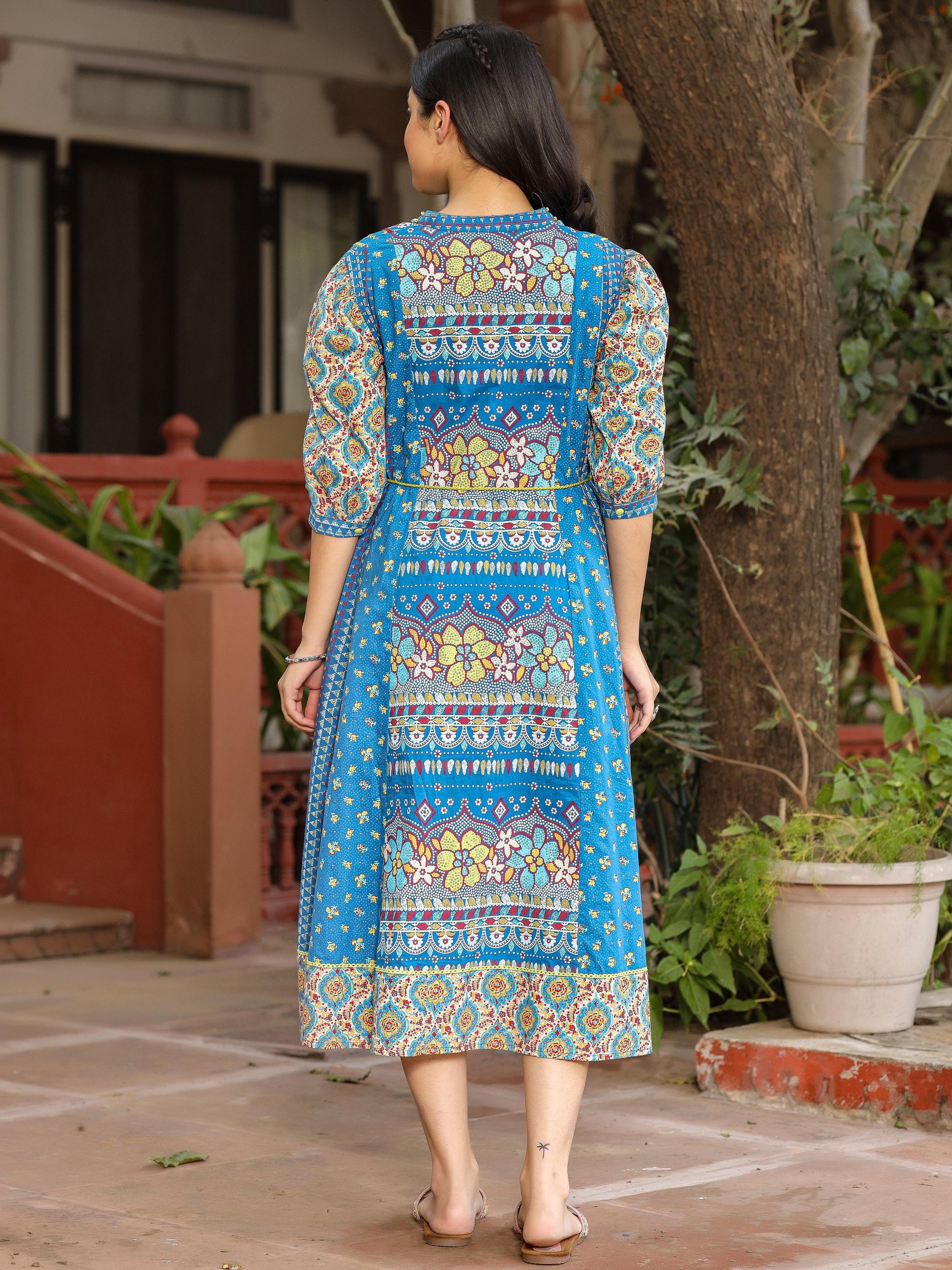 Juniper Blue Floral Printed Pure Cotton Dress & Doris With Beads Work