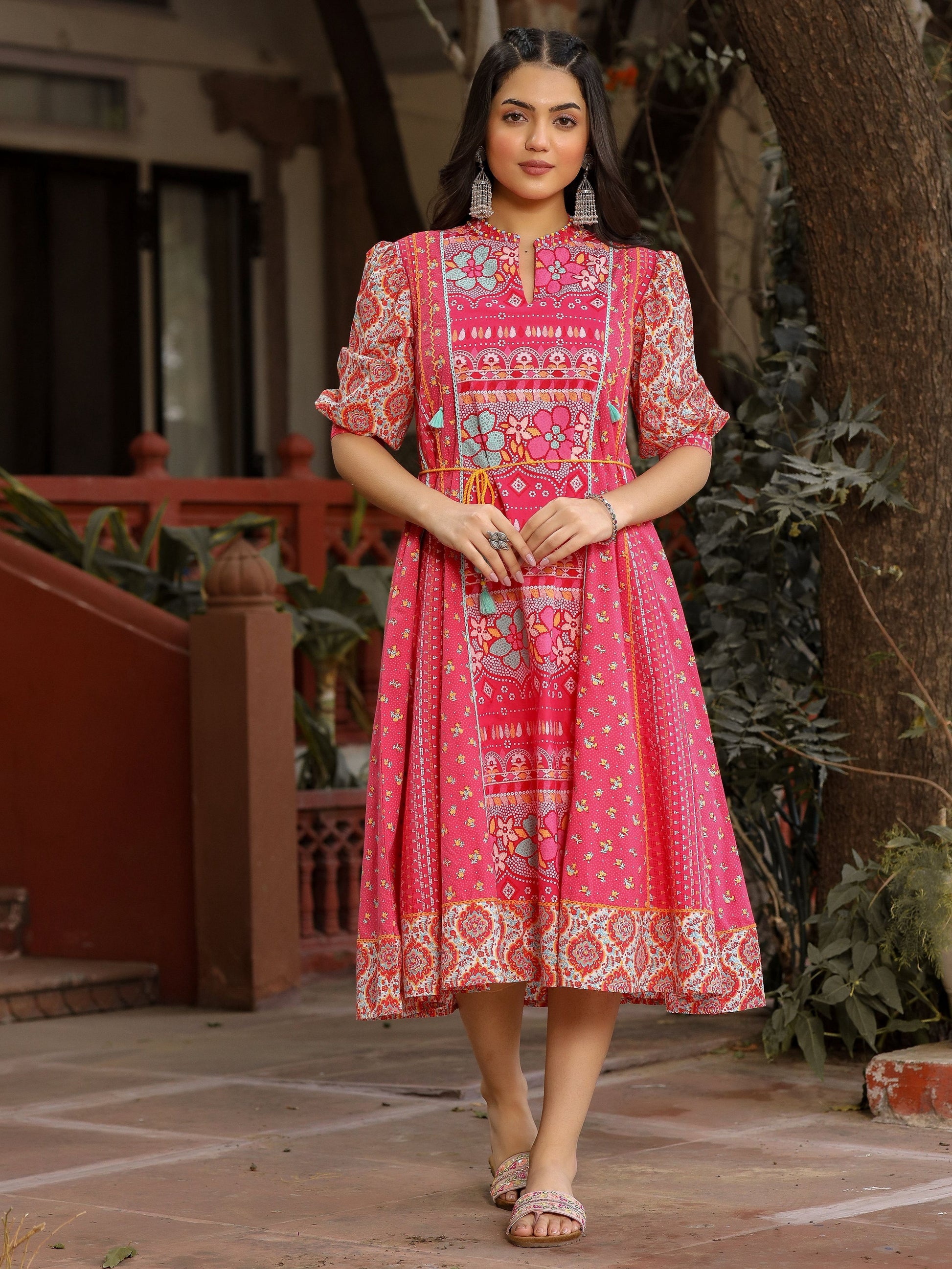 Juniper Women's Pink Floral Printed Pure Cotton Dress & Doris With Beads Work