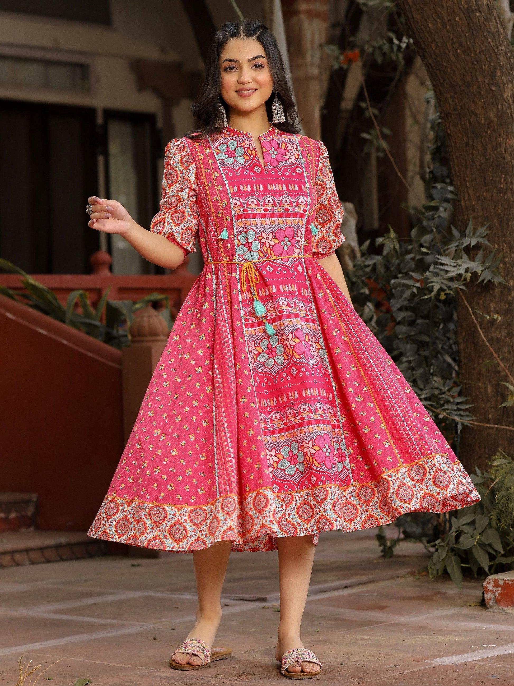 Juniper Women's Pink Floral Printed Pure Cotton Dress & Doris With Beads Work