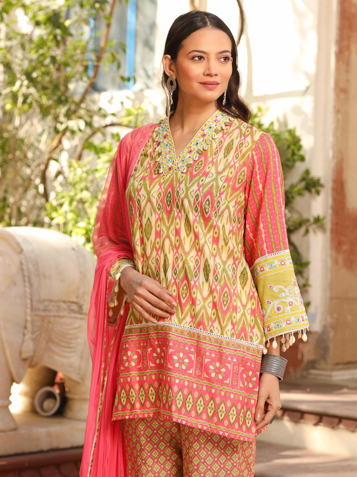 Juniper Women's Green Cotton Ikat Printed Short Kurta Bell Bottom & Dupatta With Threaded Embroidery & Kaudis