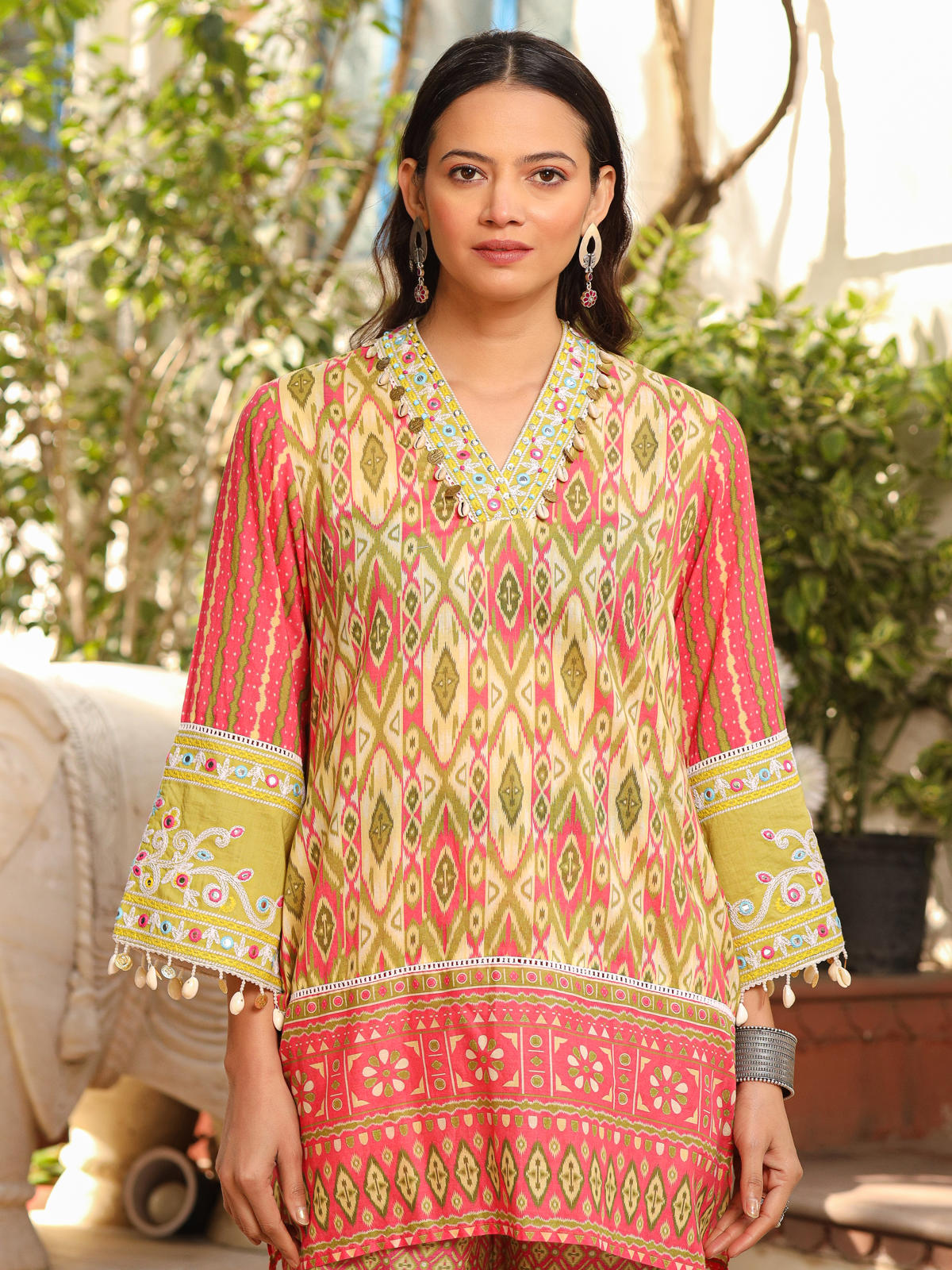 Juniper Women's Green Cotton Ikat Printed Short Kurta Bell Bottom & Dupatta With Threaded Embroidery & Kaudis