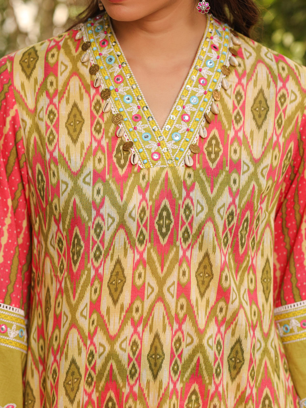Juniper Women's Green Cotton Ikat Printed Short Kurta Bell Bottom & Dupatta With Threaded Embroidery & Kaudis