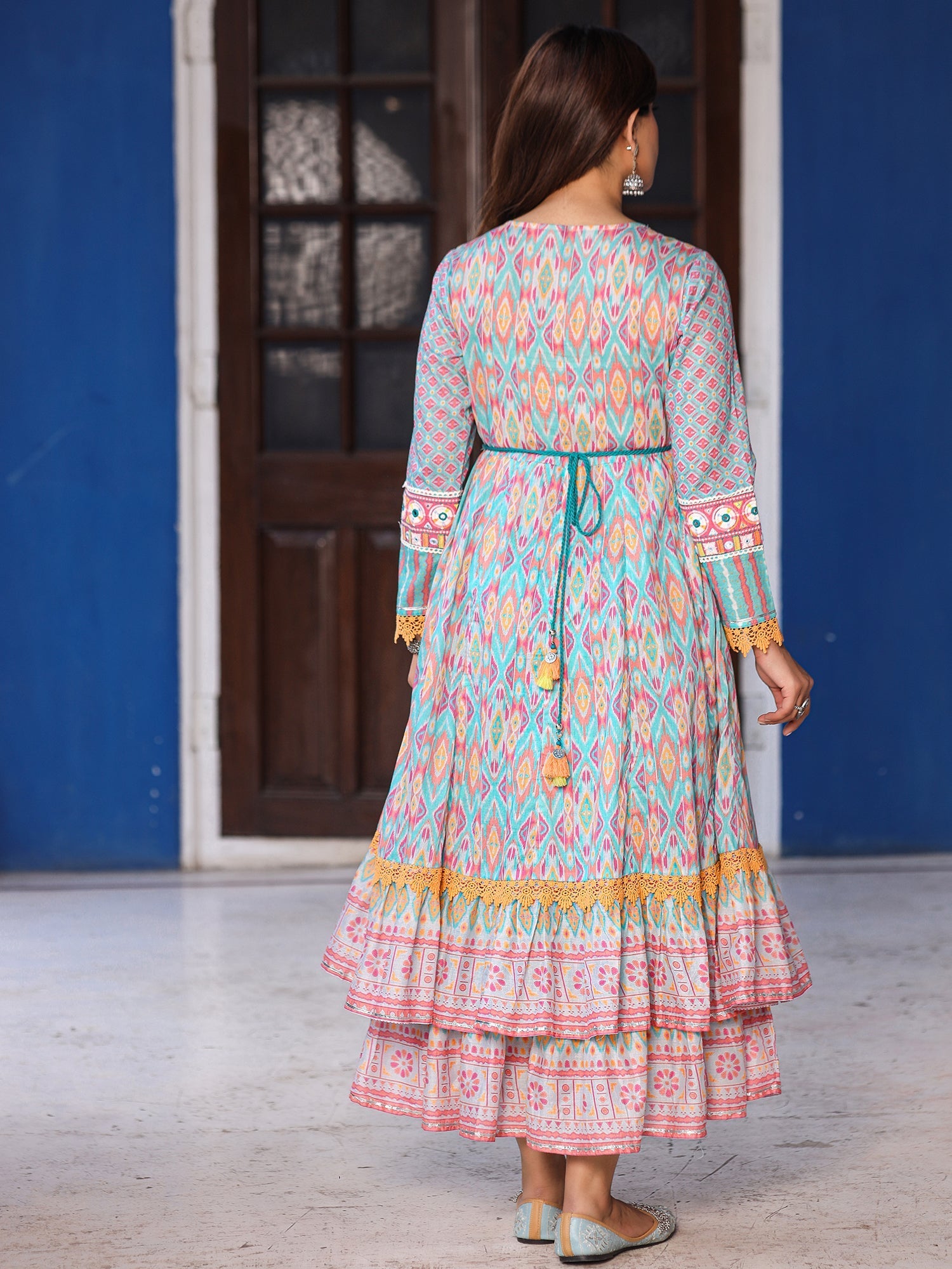 Juniper Women Ikat Printed & Embroidered Sky Blue Cotton Voile Layered Maxi Dress