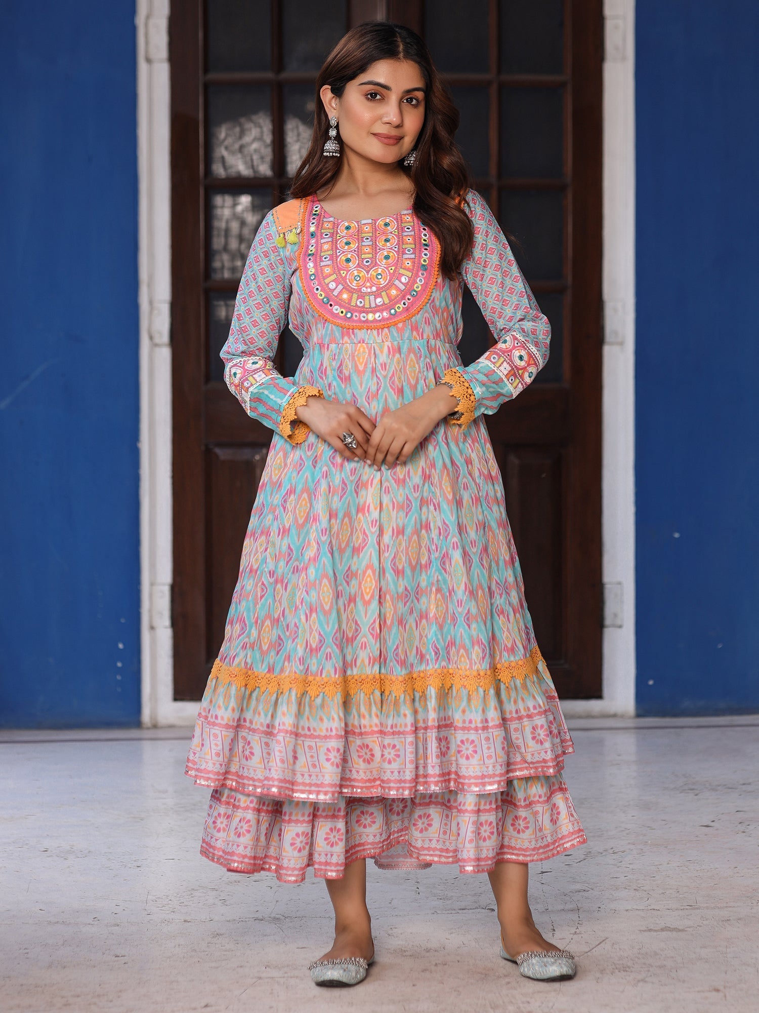 Juniper Women Ikat Printed & Embroidered Sky Blue Cotton Voile Layered Maxi Dress