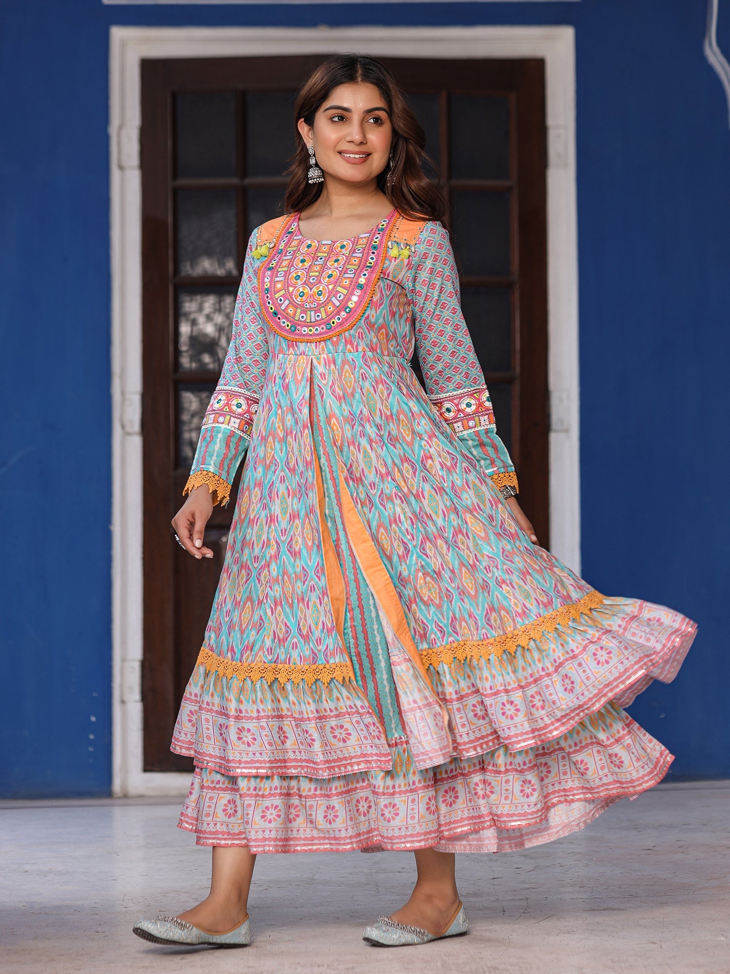 Juniper Women Ikat Printed & Embroidered Sky Blue Cotton Voile Layered Maxi Dress